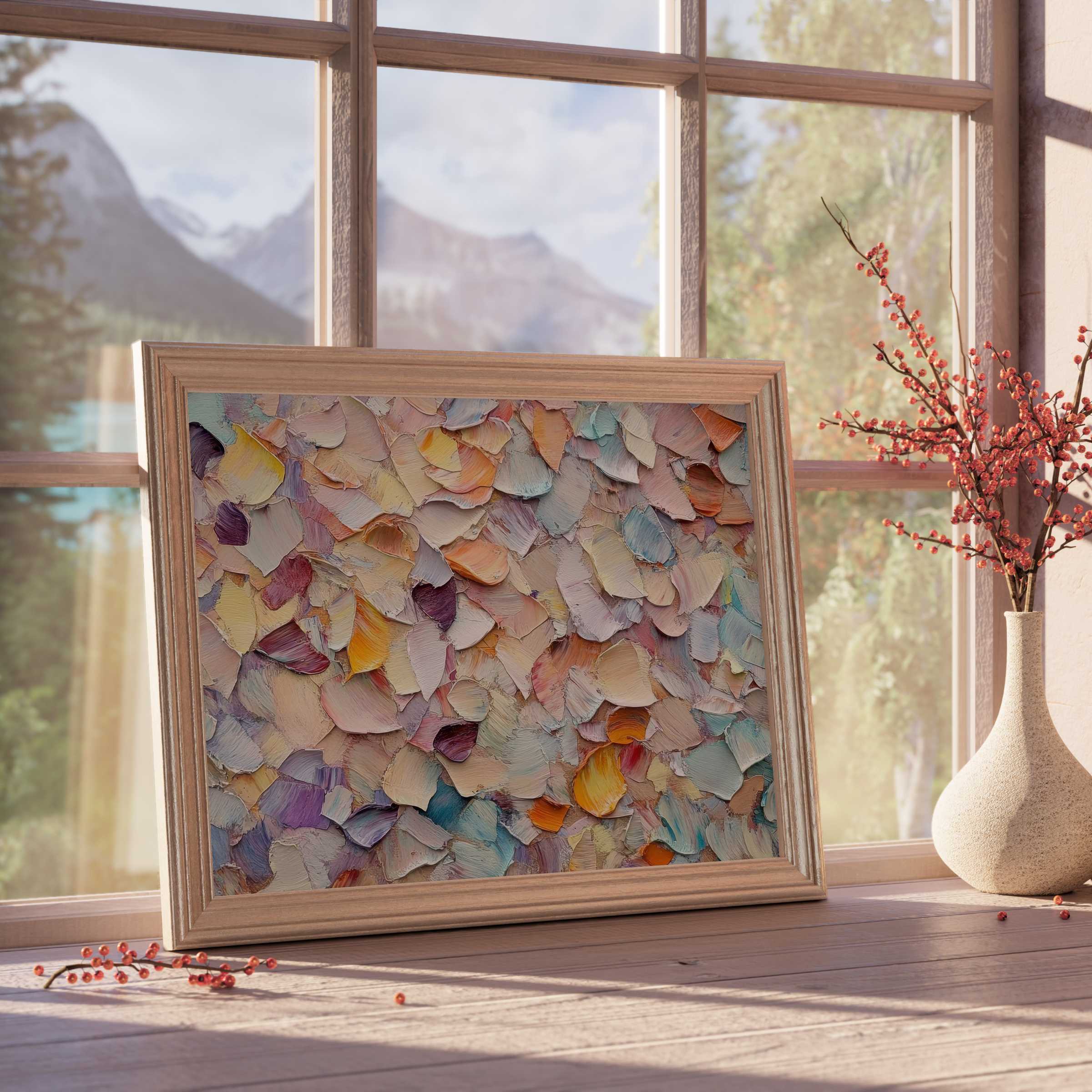 Fall downloadable art featuring textured layers of warm, muted autumnal hues, elevating tranquil, curated luxury interiors