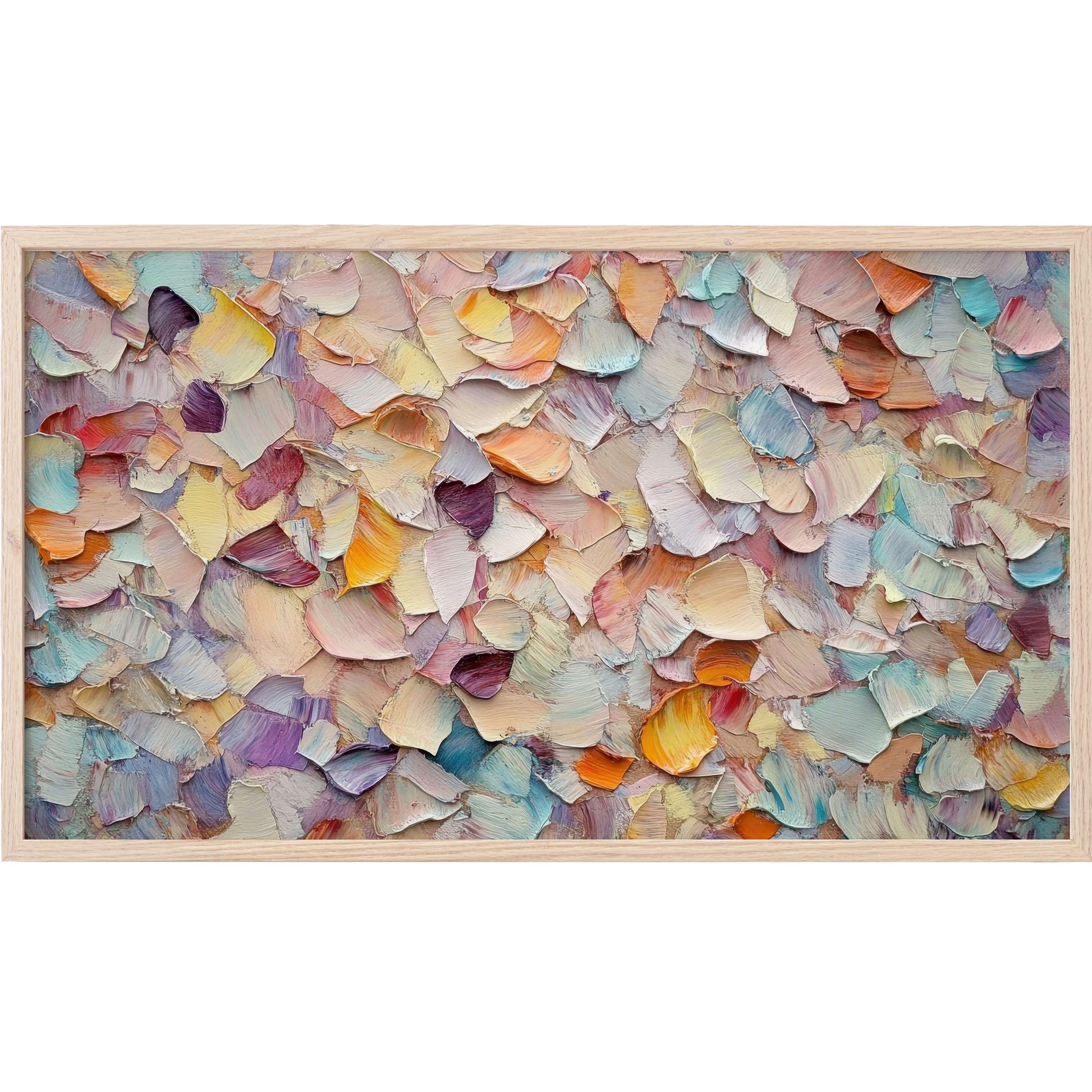 Fall Frame TV Art showcasing a textured abstract of soft pastels, muted purples, peaches, and blues in layered brushstrokes