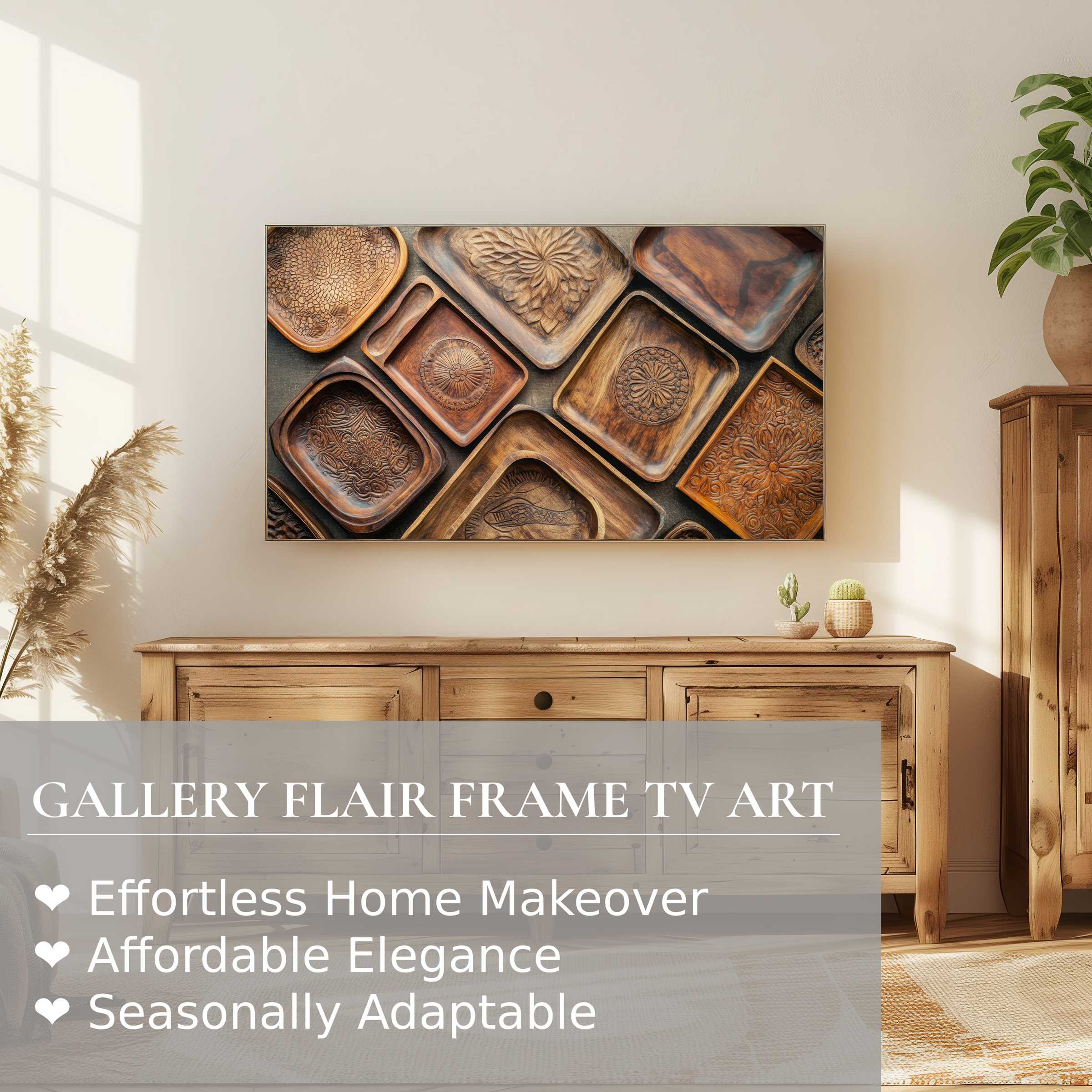 Modern boho digital artwork displayed on Samsung Frame TV in warm, natural wood setting for refined home decor
