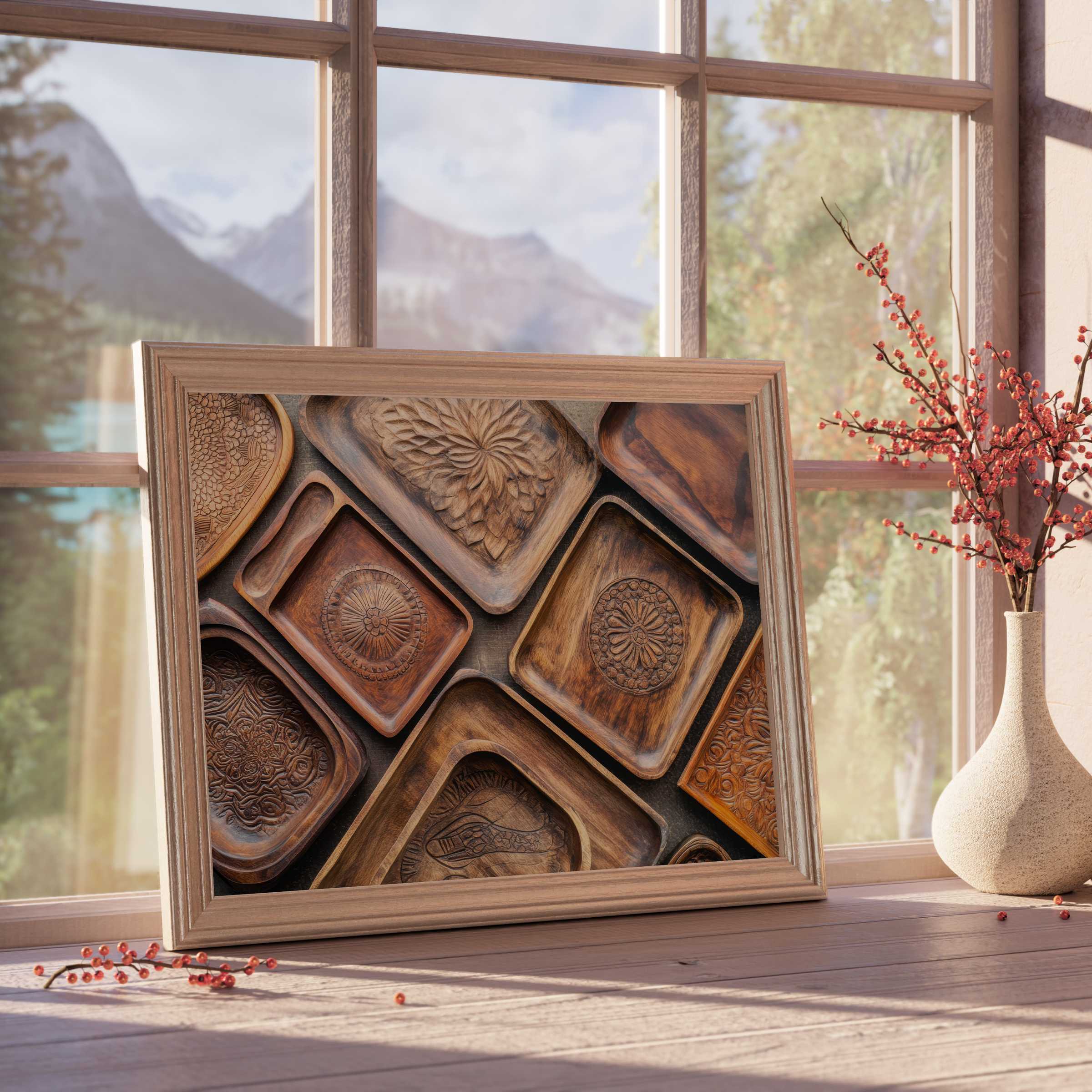 Boho downloadable art featuring intricately carved wooden trays, evoking warm, earthy tones and refined rustic charm for curated interiors