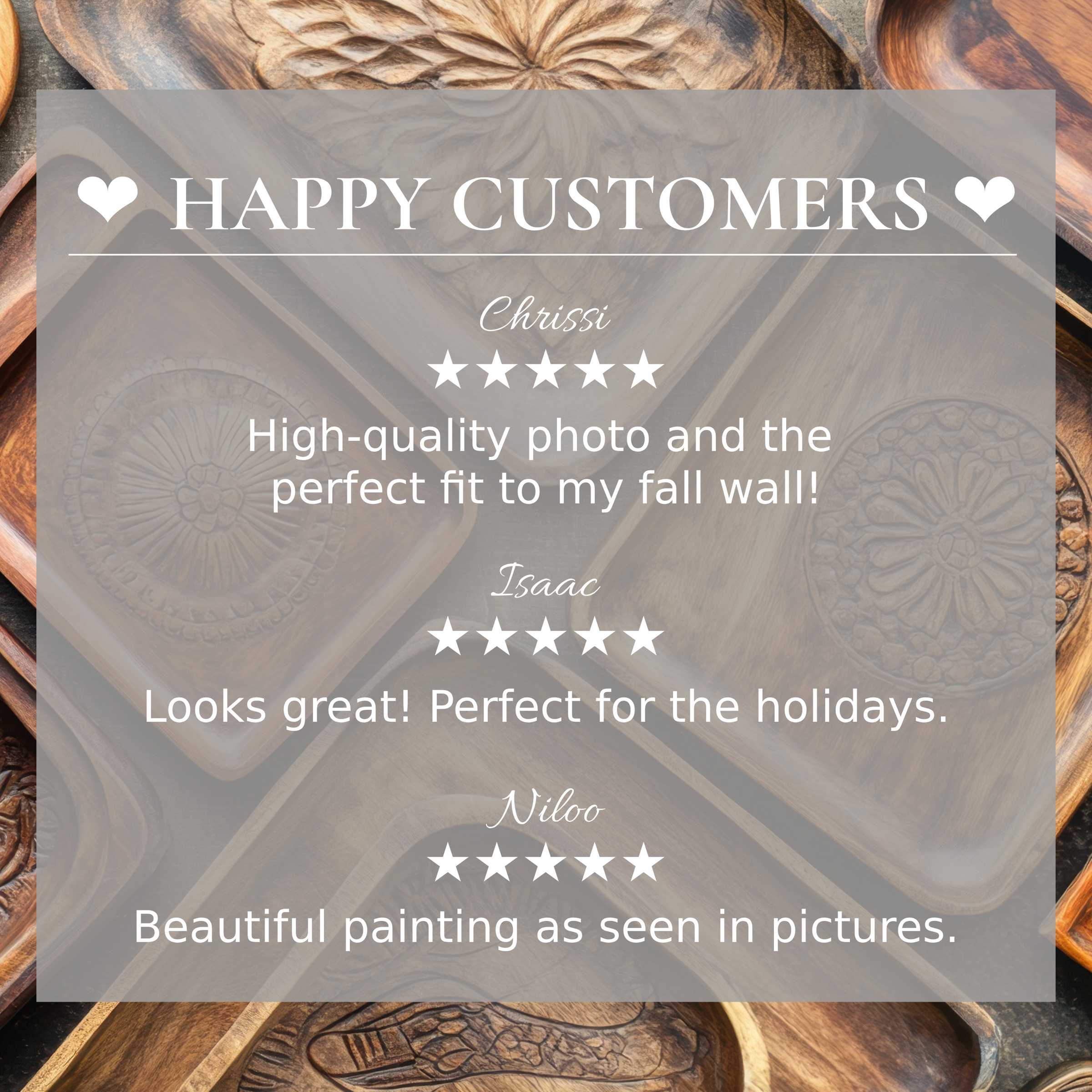Boho art for Frame TV with carved wood background, showcasing happy customer reviews and elegant design trust