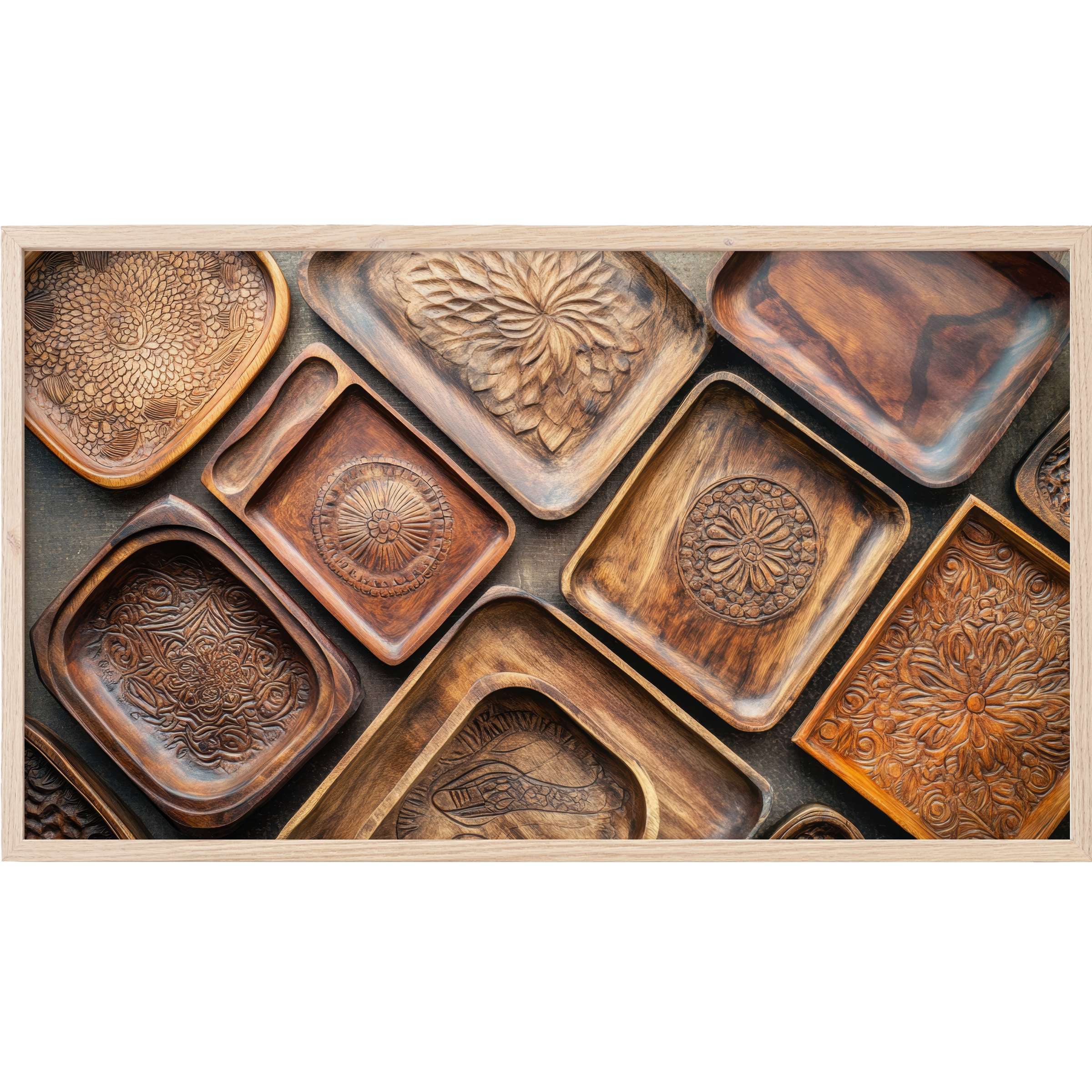 Boho Frame TV Art with warm, rich wooden trays featuring intricate floral carvings in natural, earthy tones