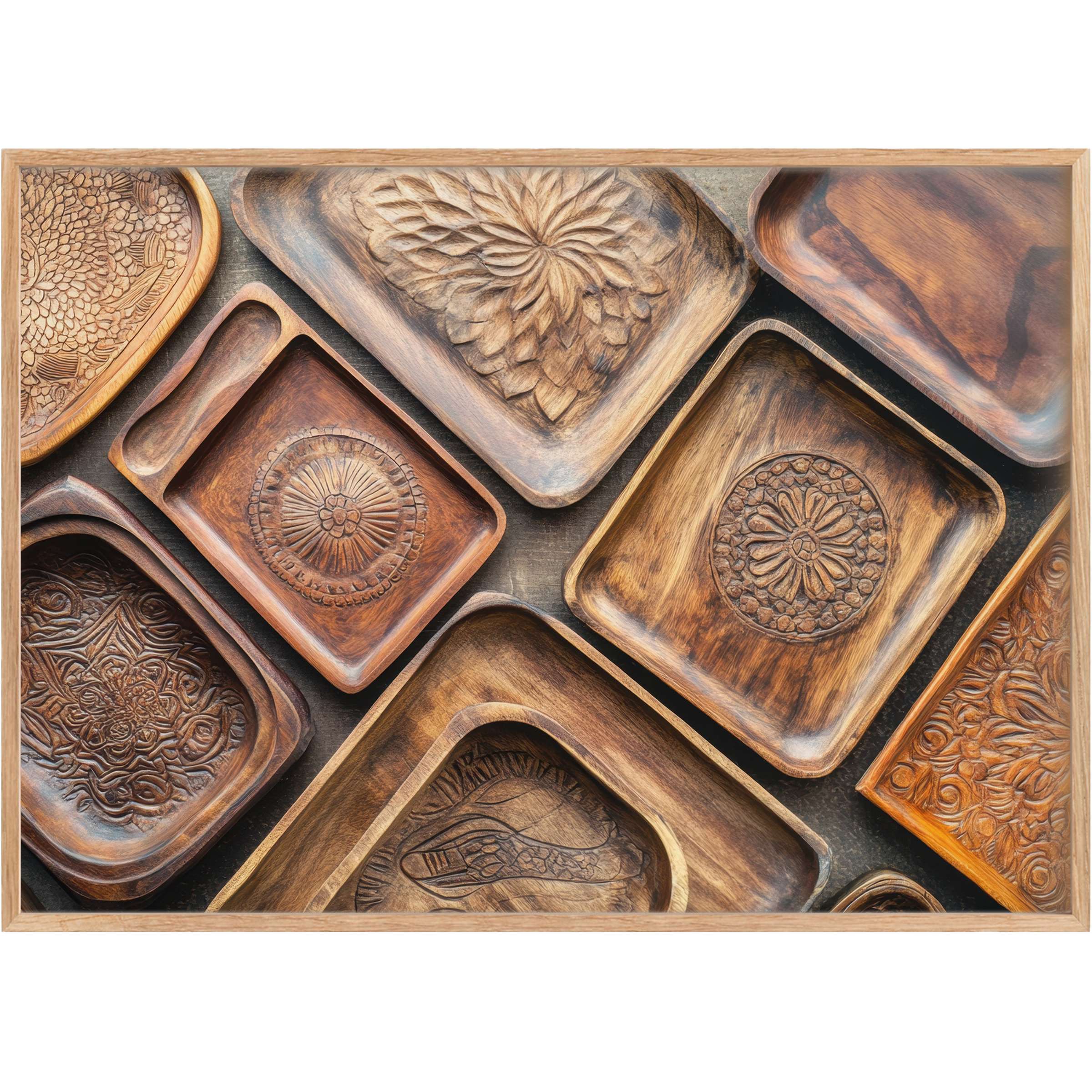 Boho printable wall art featuring rich, warm wood tones and intricate carvings, evoking a grounded, earthy ambiance