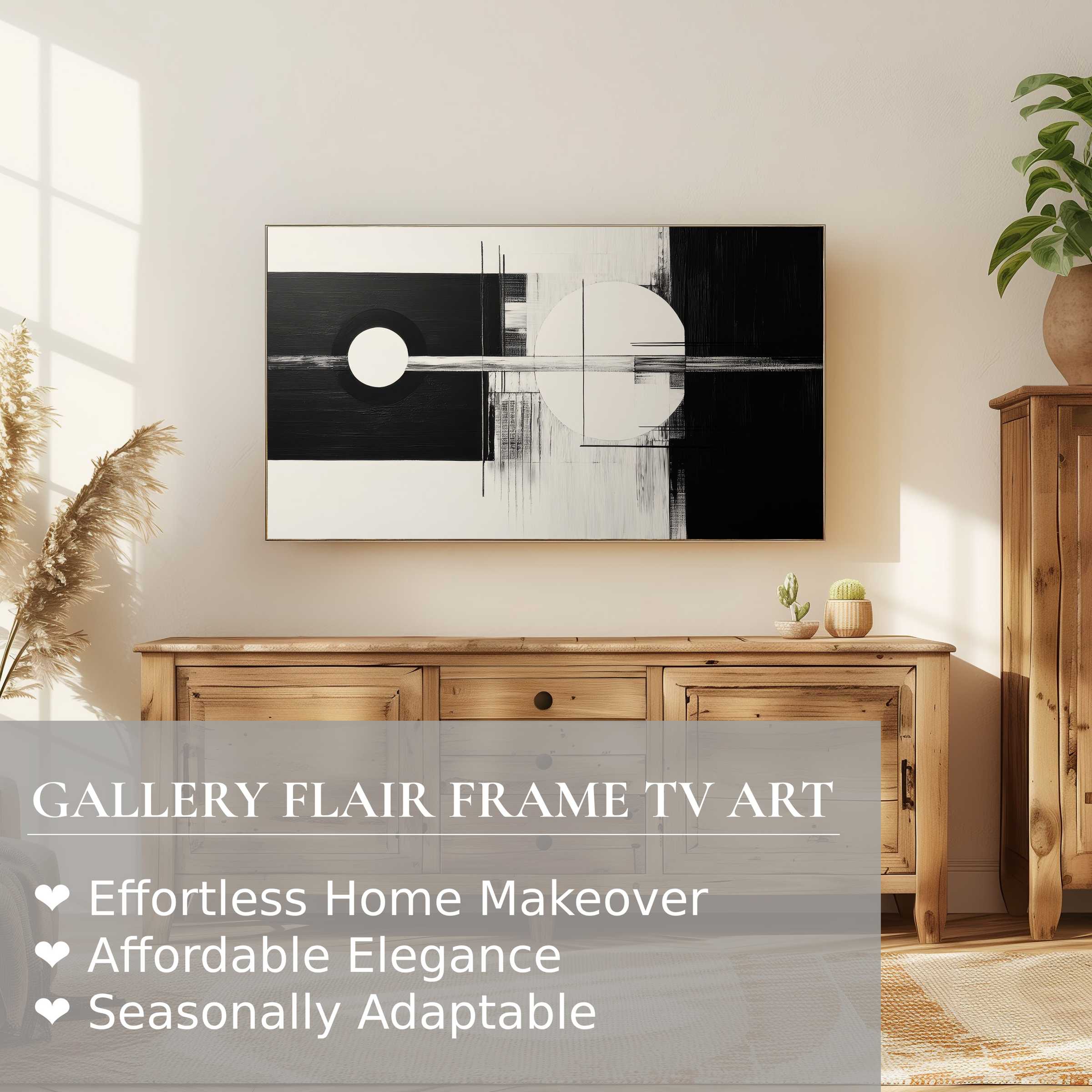 Samsung Frame TV featuring modern digital artwork in a minimalist, sunlit room with natural wood accents