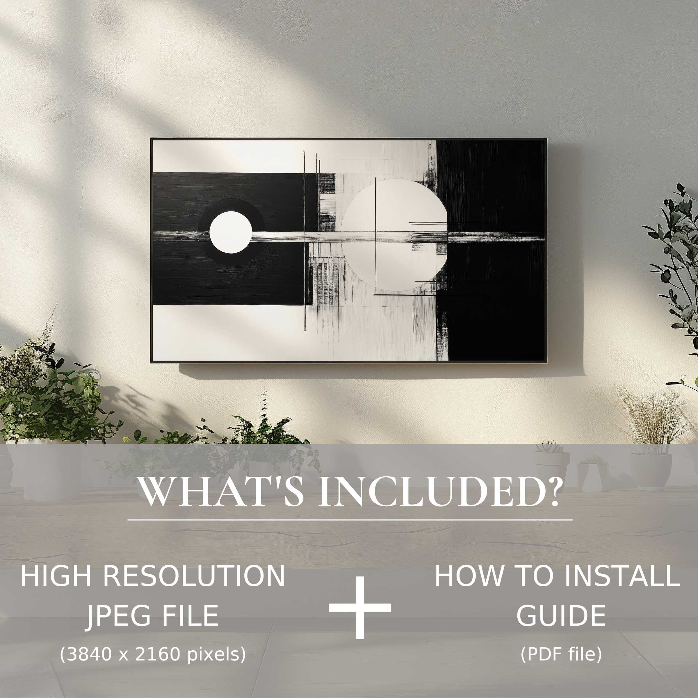 Modern digital TV art download in a chic living space, easy to use, elevates your decor with sleek abstract elegance