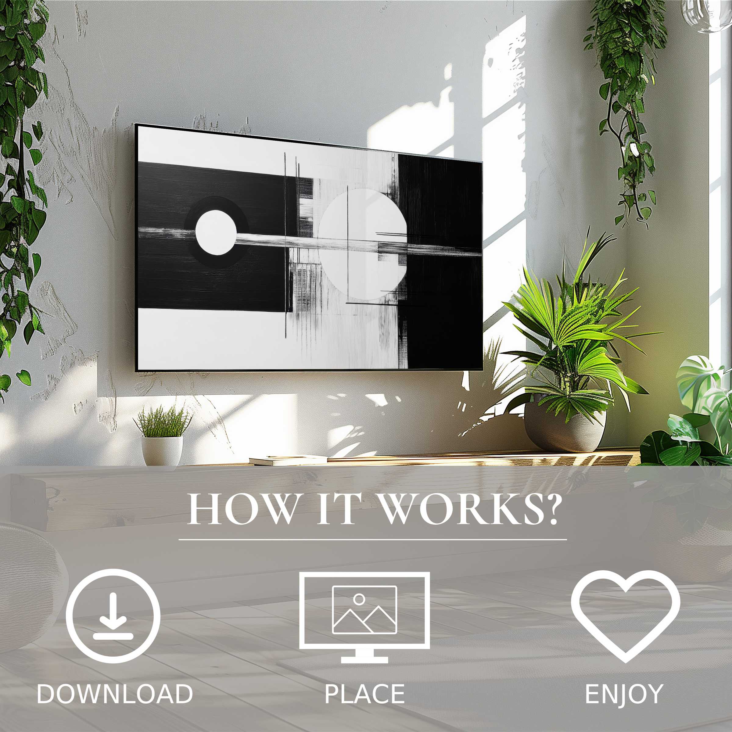 Modern art for Samsung TV features bold monochrome geometric motif, easy digital download enriches your stylish living space