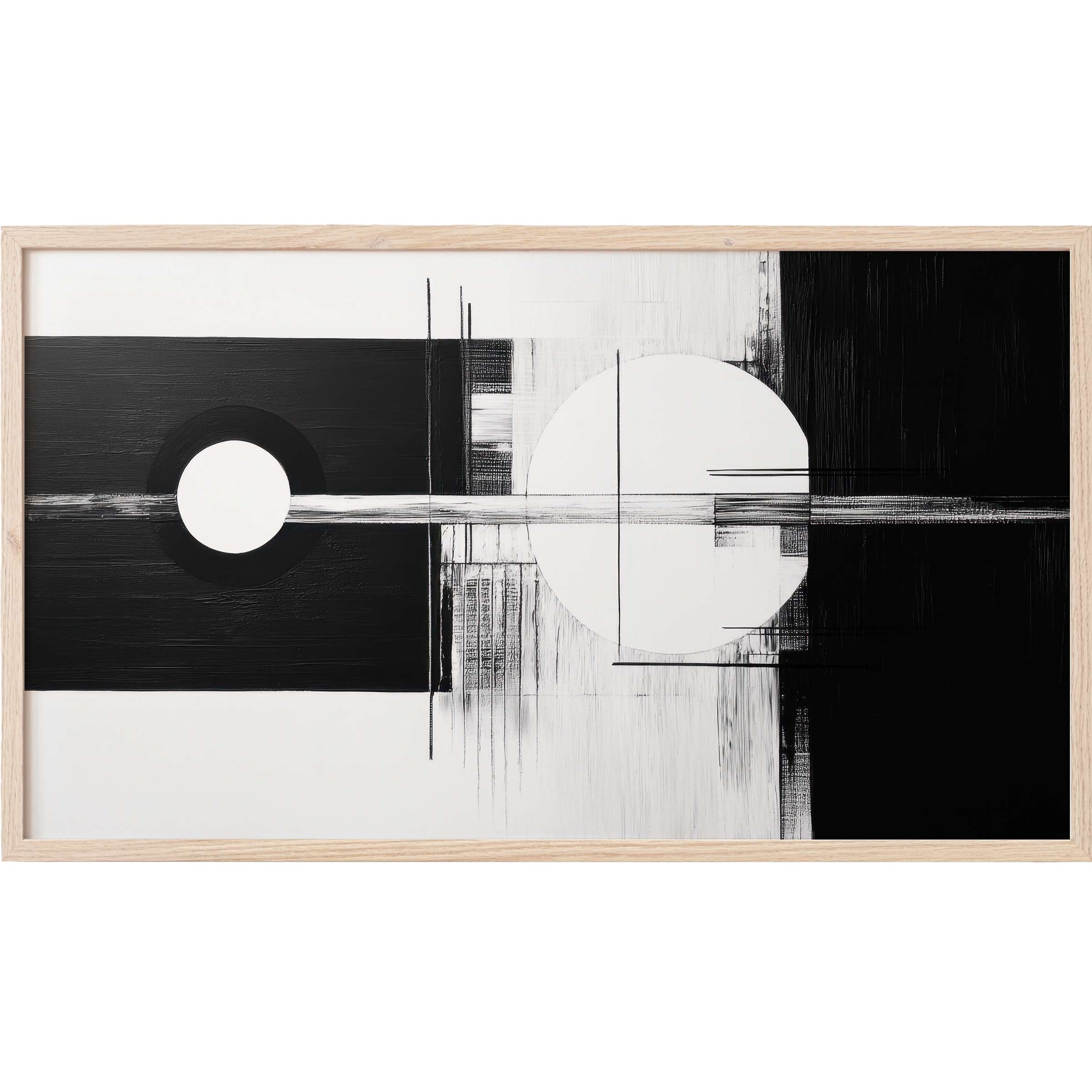 Black and white geometric abstract with circles and lines in a natural wood frame, modern Frame TV Art