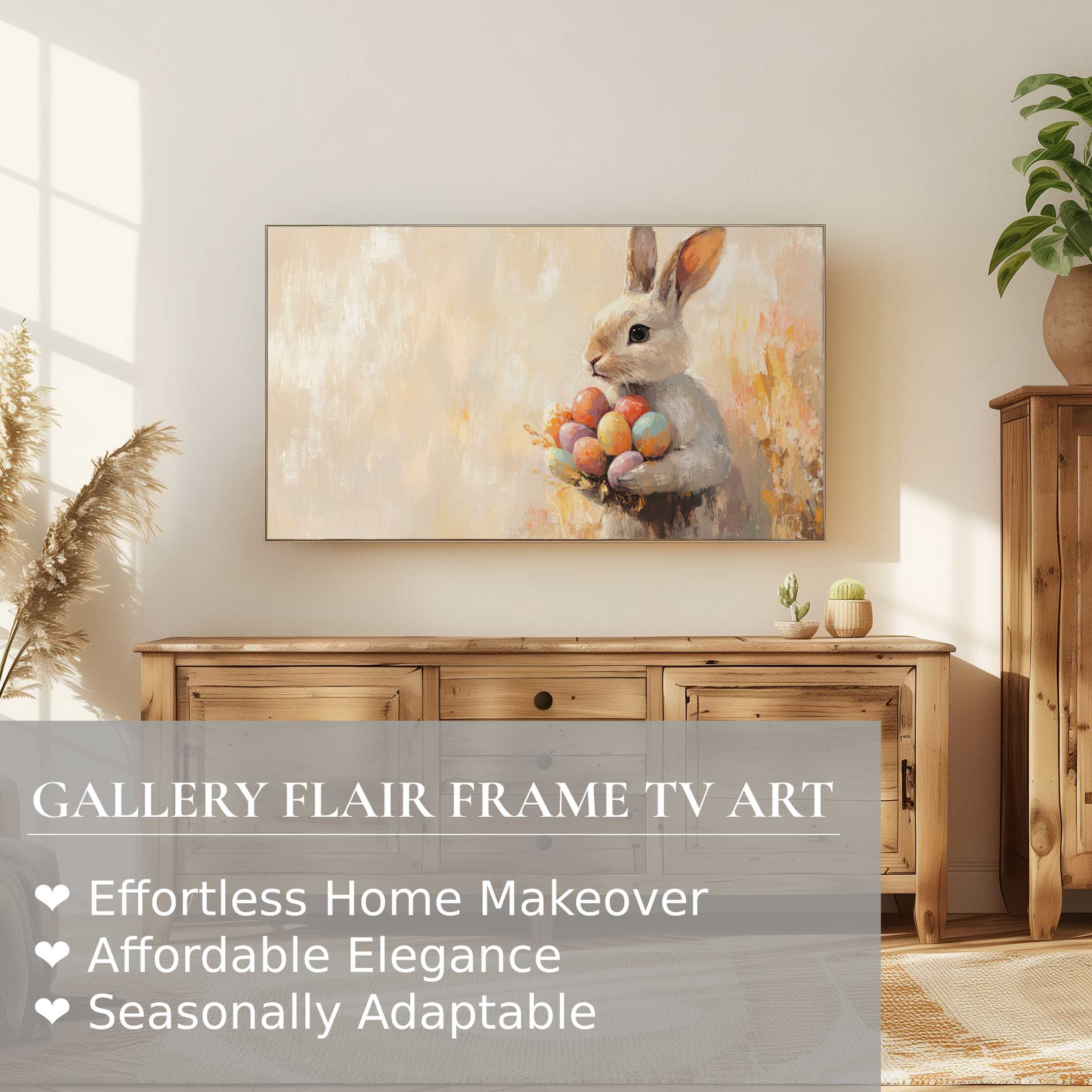 Modern Samsung Frame TV showcasing soft pastel easter digital artwork of a bunny in a cozy, refined living room