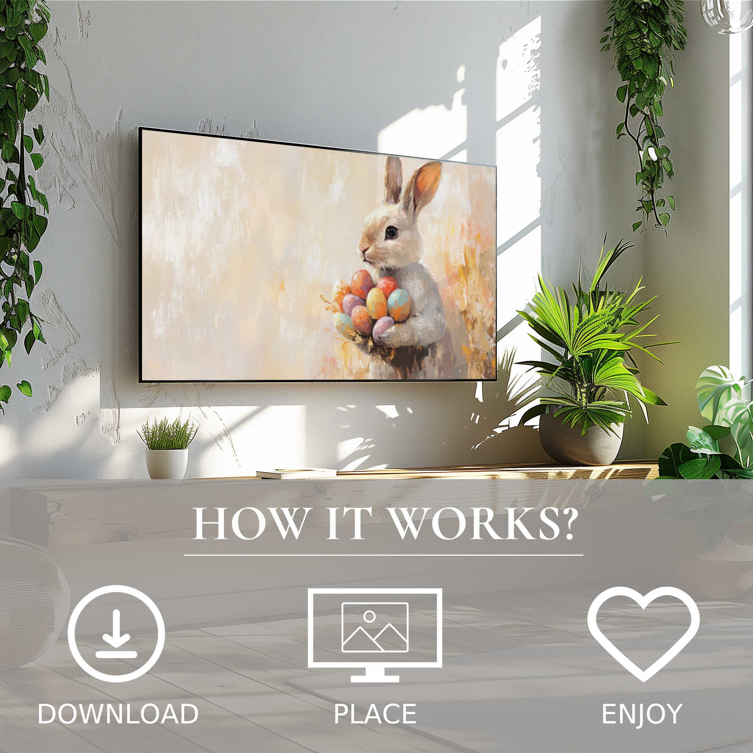 Modern living room with easter art for Samsung TV showing a soft pastel bunny motif, easy digital download for decor