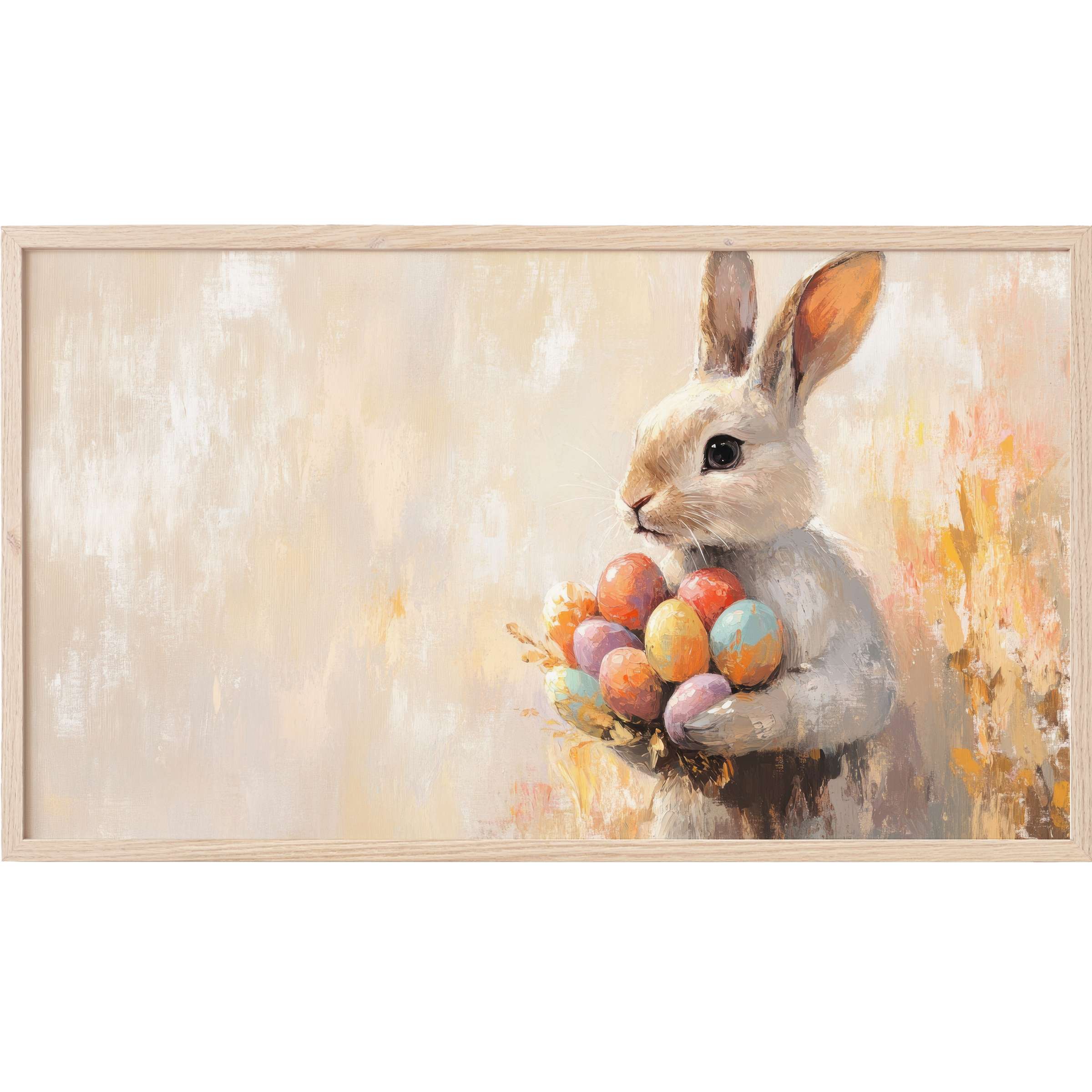 Elegant easter Frame TV Art of a soft pastel bunny clutching colorful eggs in a textured, modern impressionist style