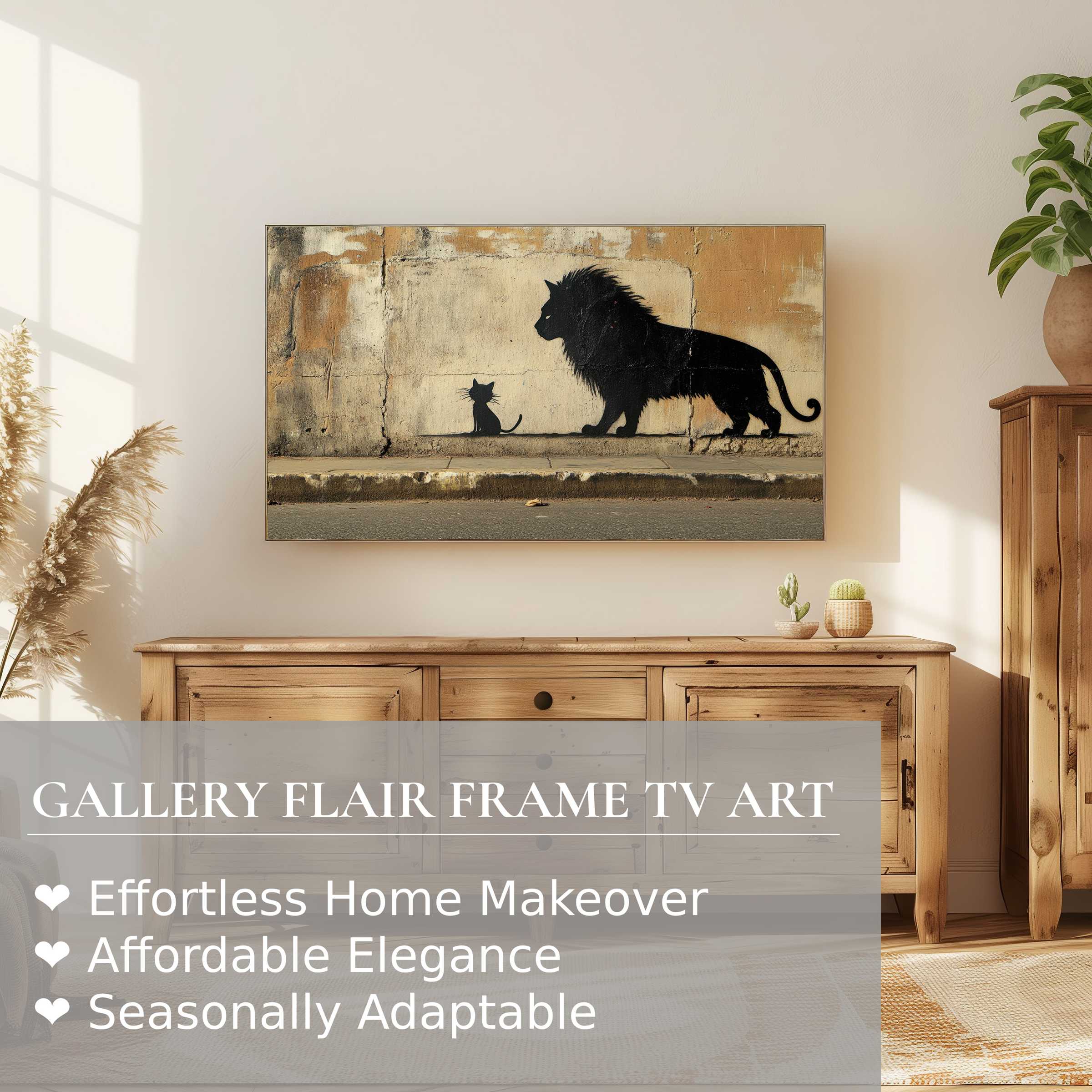 Samsung Frame TV displaying street art digital artwork of a cat and lion silhouette in a chic, modern setting
