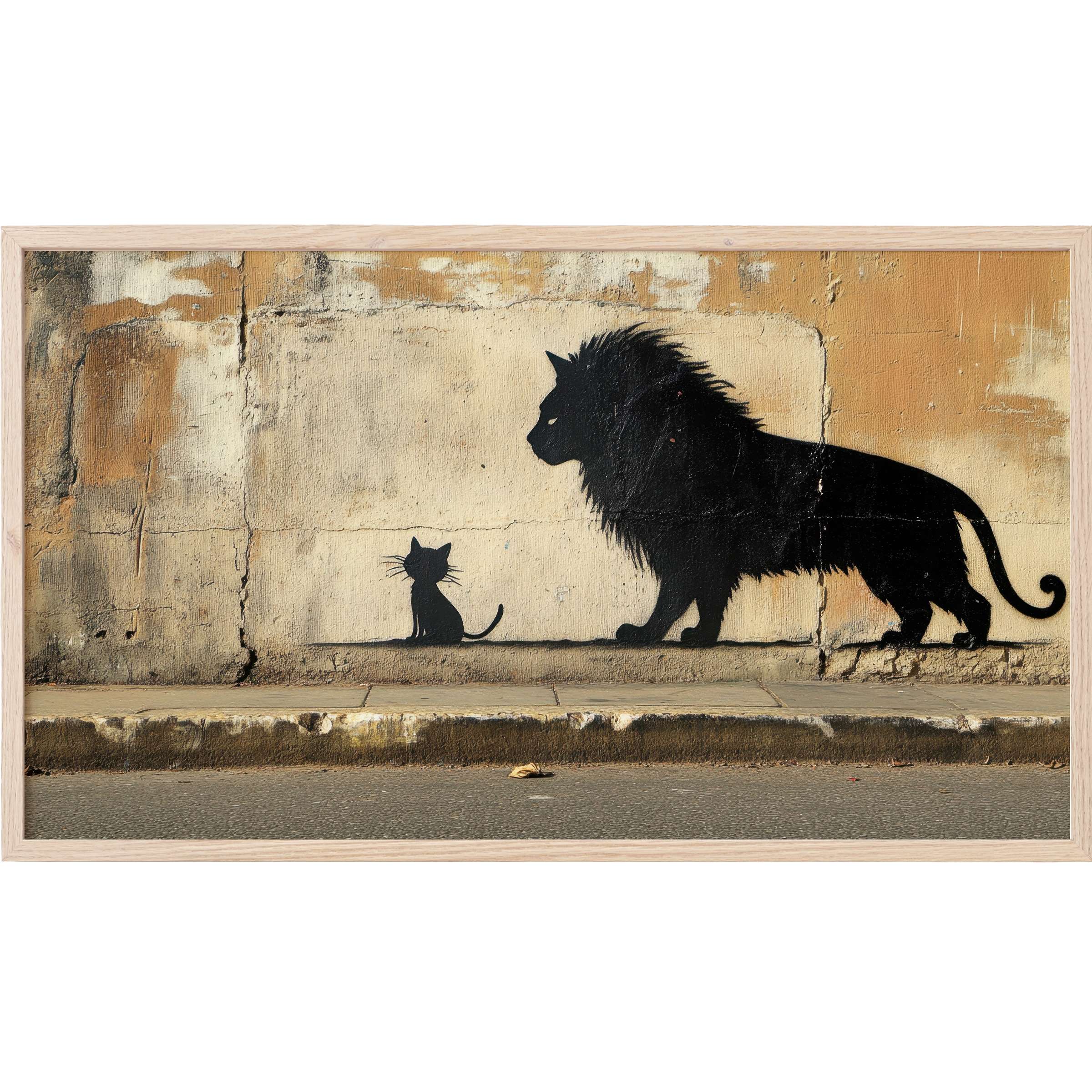 Street art Frame TV Art: black silhouette of cat and lion on textured beige wall, bold and urban elegance