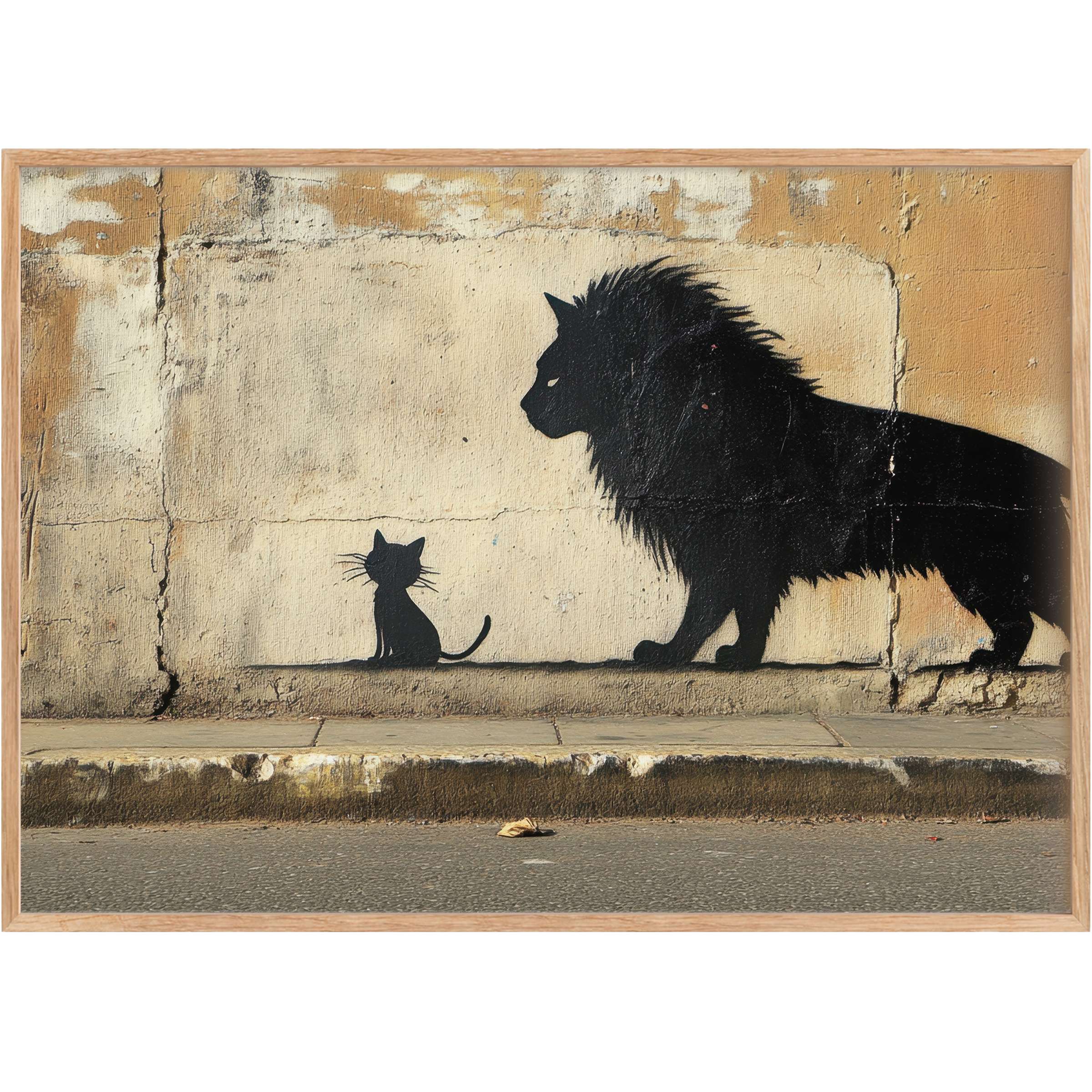 Street art printable wall art captures bold contrast with black silhouettes of a kitten and a lion, evoking strength and aspiration against warm, textured beige tones