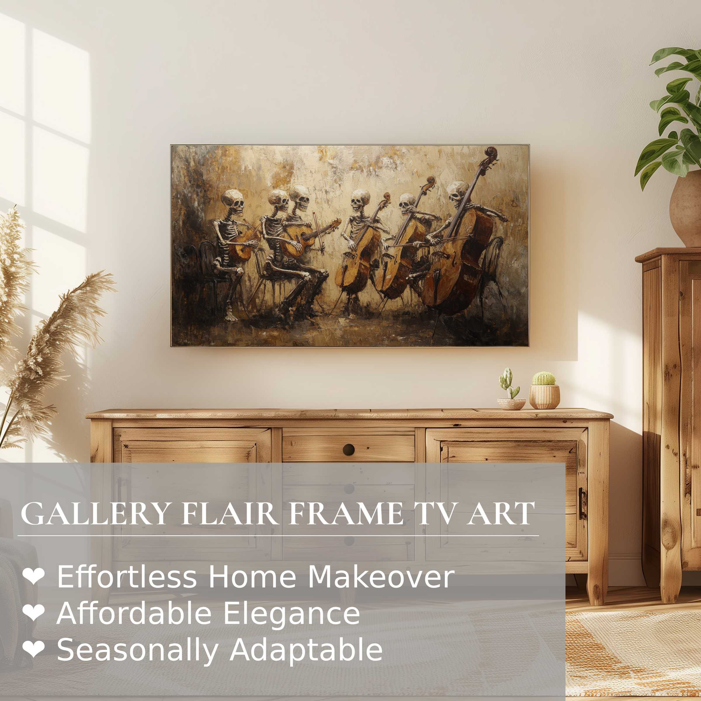 Elegant halloween digital artwork of skeleton musicians displayed on a Samsung Frame TV in a warm, modern living space