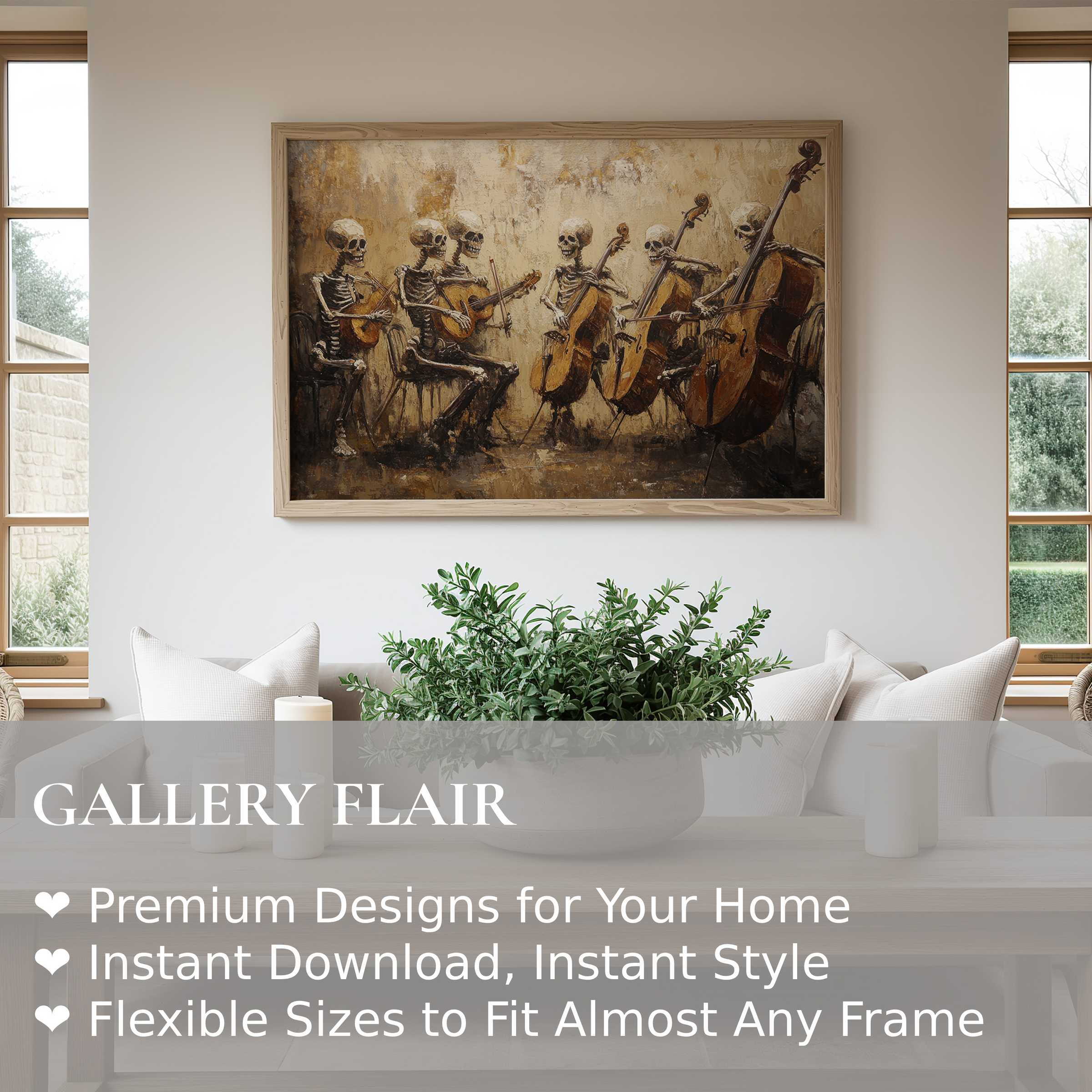 Halloween wall art print featuring a bold skeletal string orchestra in vintage tones, adding edgy sophistication to modern farmhouse decor