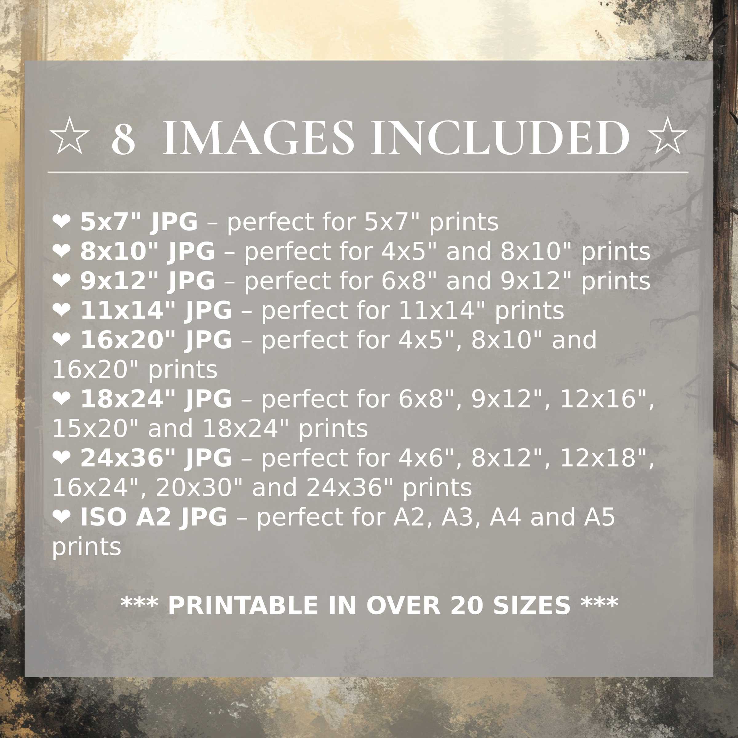 Print size guide showing 8 included JPG formats for versatile wall art printing – perfect for framing in popular sizes from 5x7 to 24x36 and A2