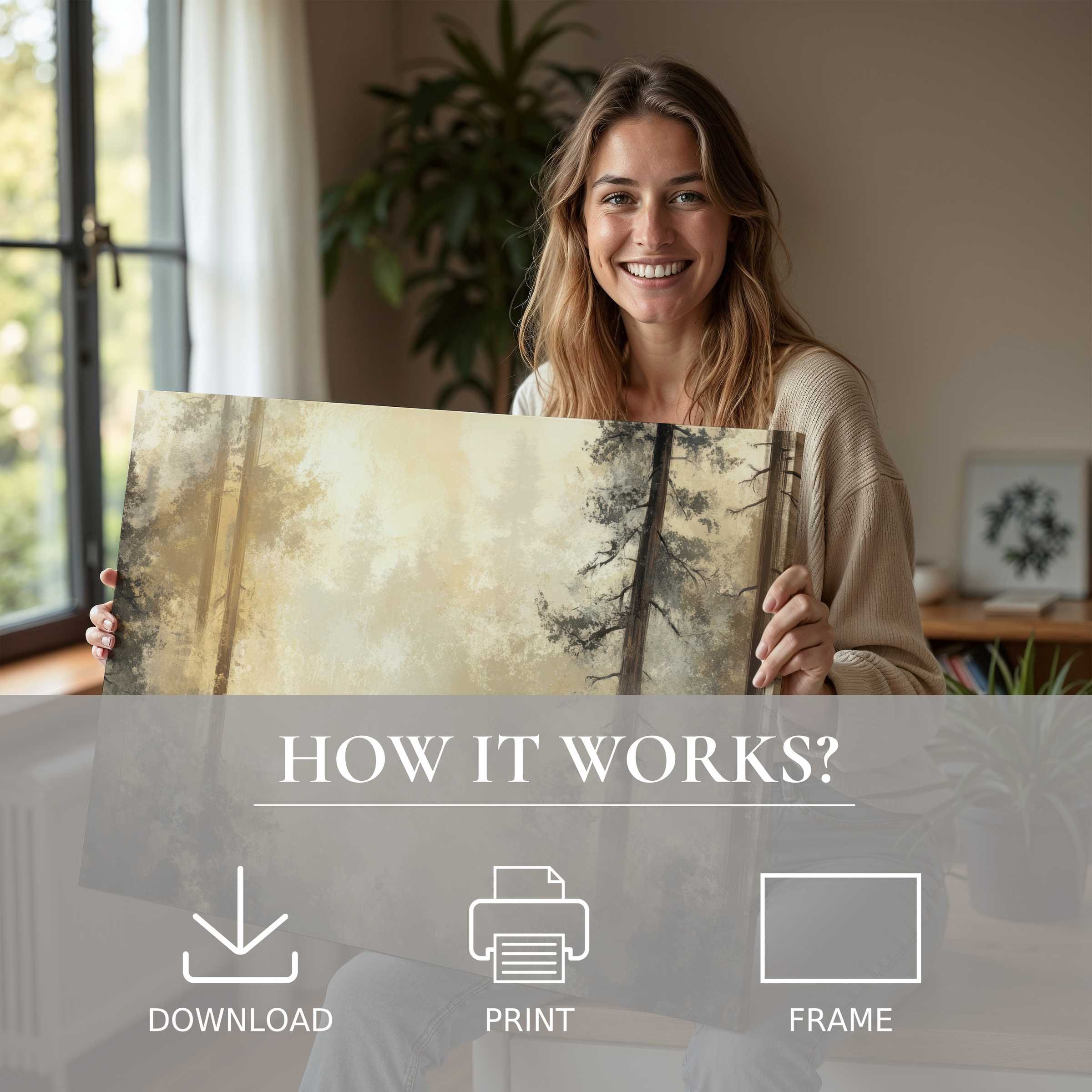 Joyful woman in a stylish home embracing a serene tree digital art print, celebrating the effortless beauty of living with art