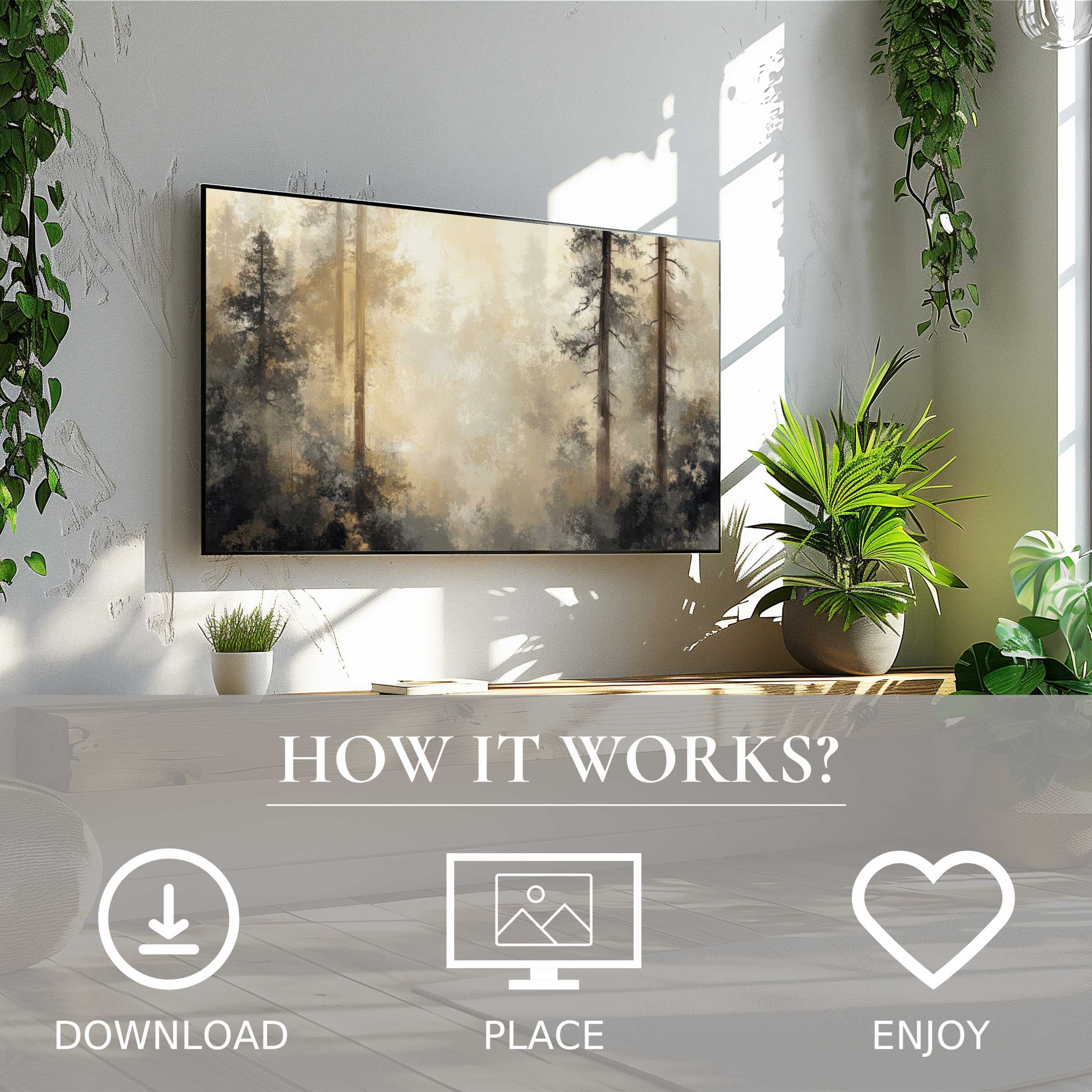 Modern living room with tree art for Samsung TV in soft sunset tones; easy digital download enriches space