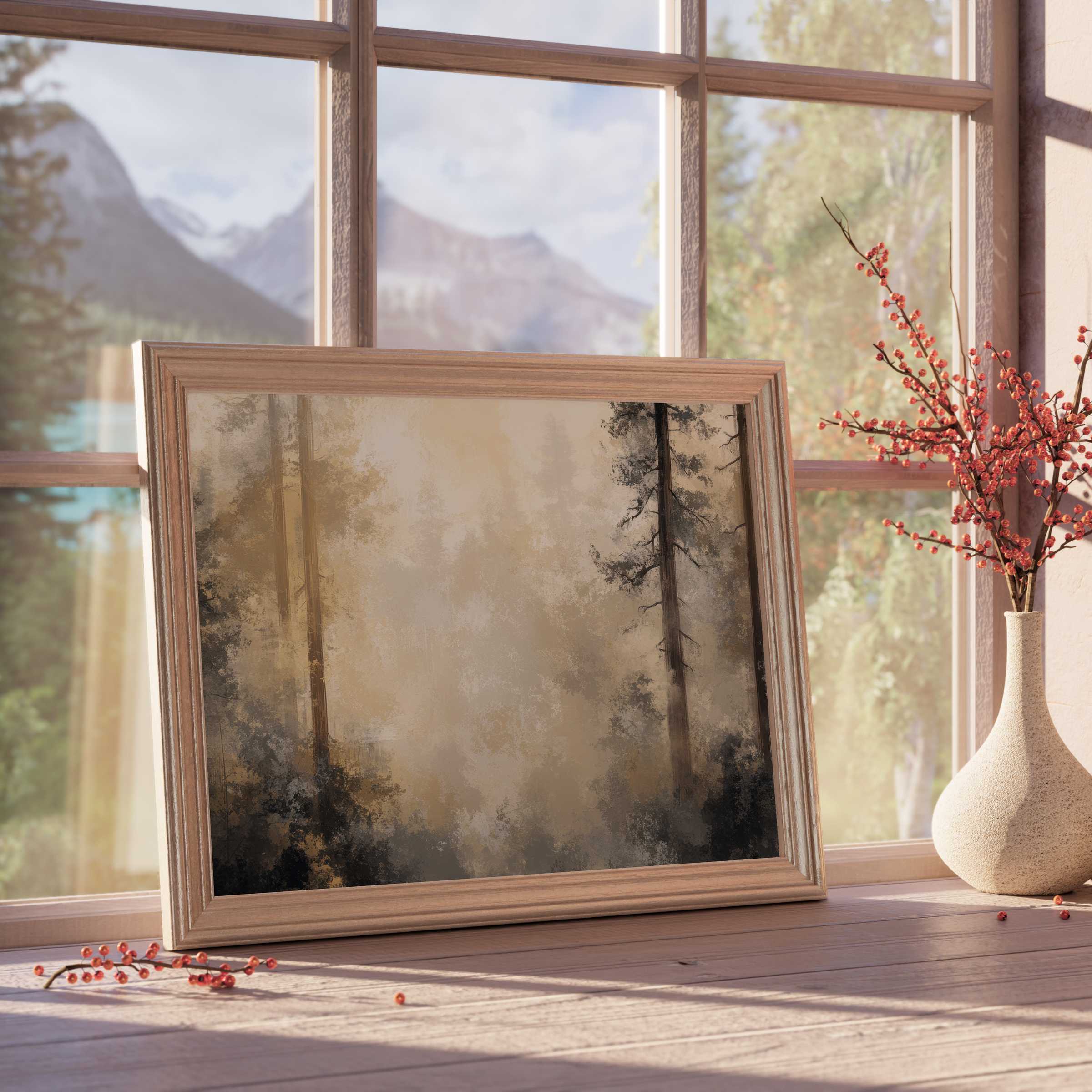 Ethereal tree downloadable art in soft neutrals, perfect for curated, tranquil interiors with warm natural light