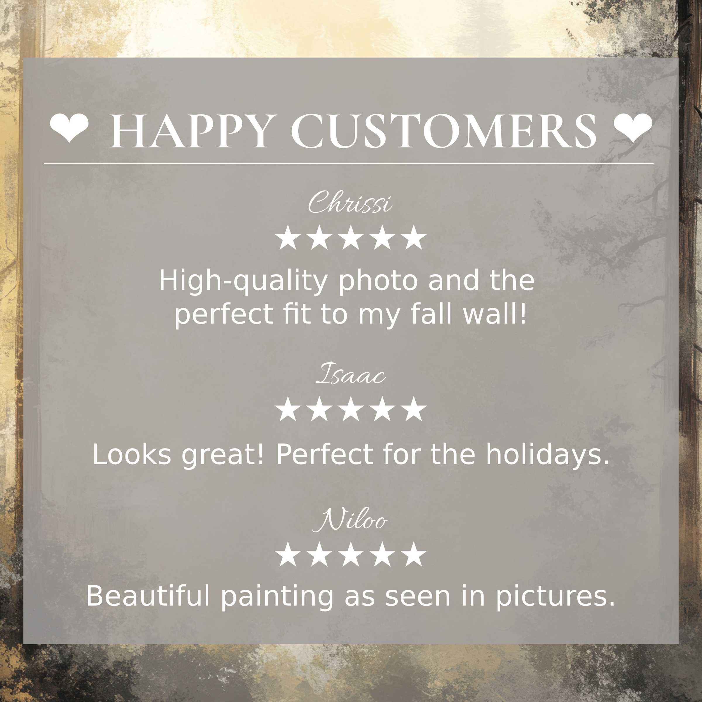 Elegant trees art for Frame TV with abstract sunset-toned background; happy customer reviews build trust and style appeal