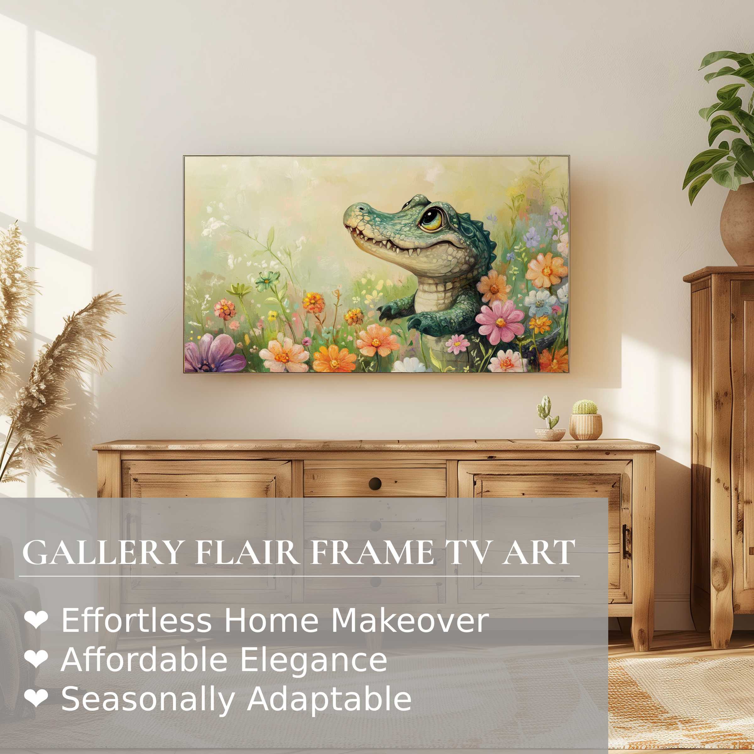 Samsung Frame TV displays charming nursery digital artwork of a whimsical crocodile amidst vibrant floral blooms