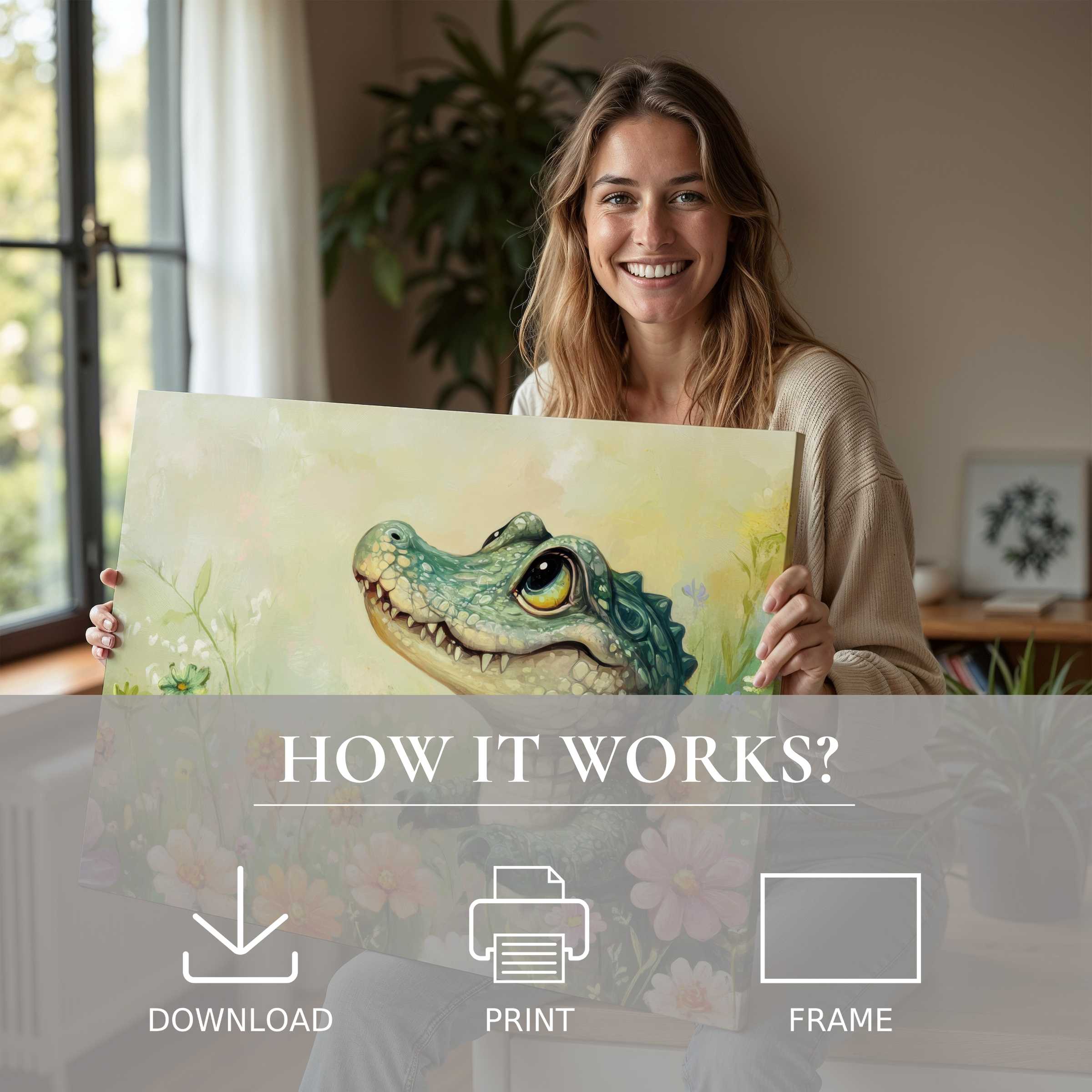 Smiling woman in serene modern home, embracing nursery digital art print’s joyful charm and effortless elegance