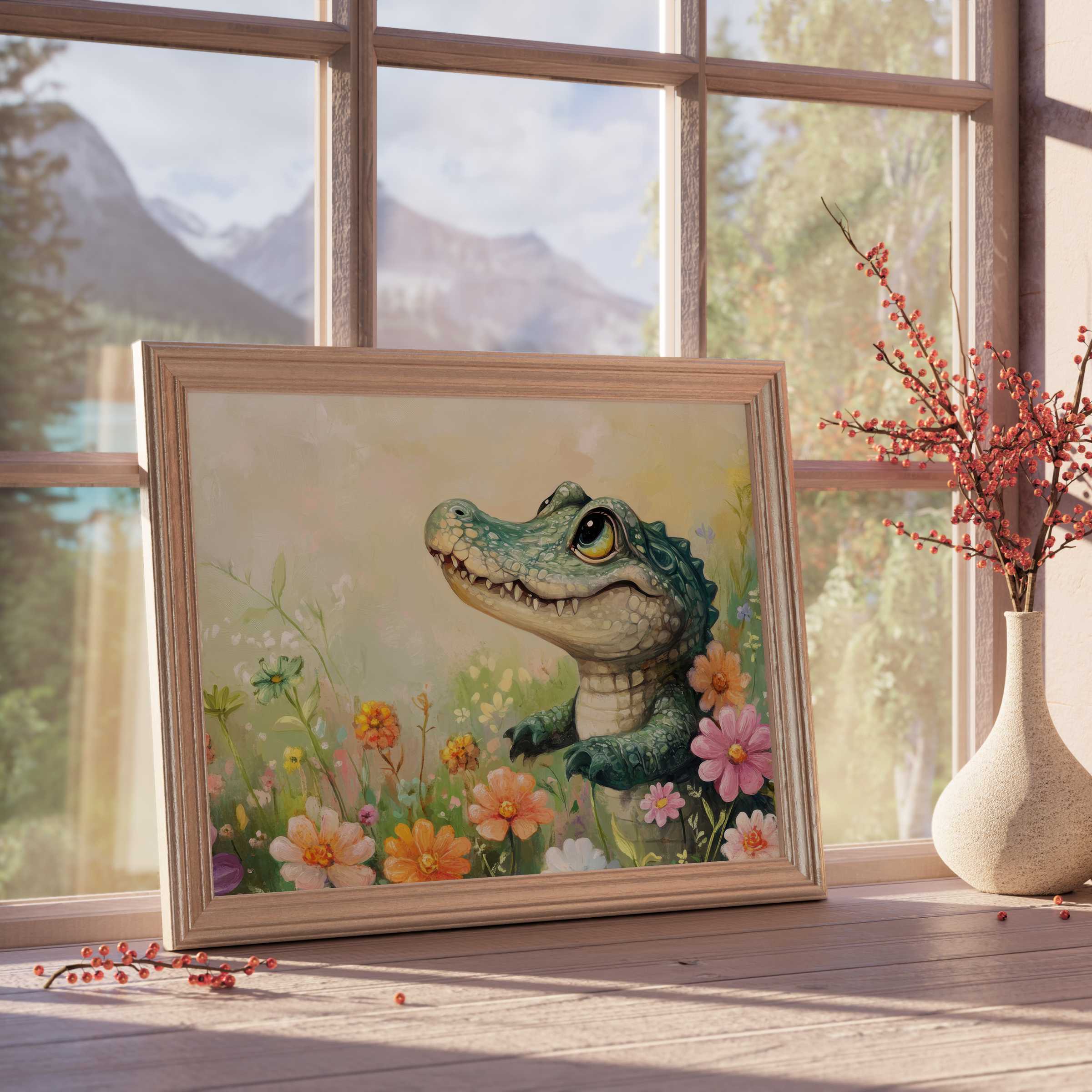 Charming nursery downloadable art featuring a whimsical baby crocodile amid soft wildflowers, enhancing serene, curated kids’ rooms