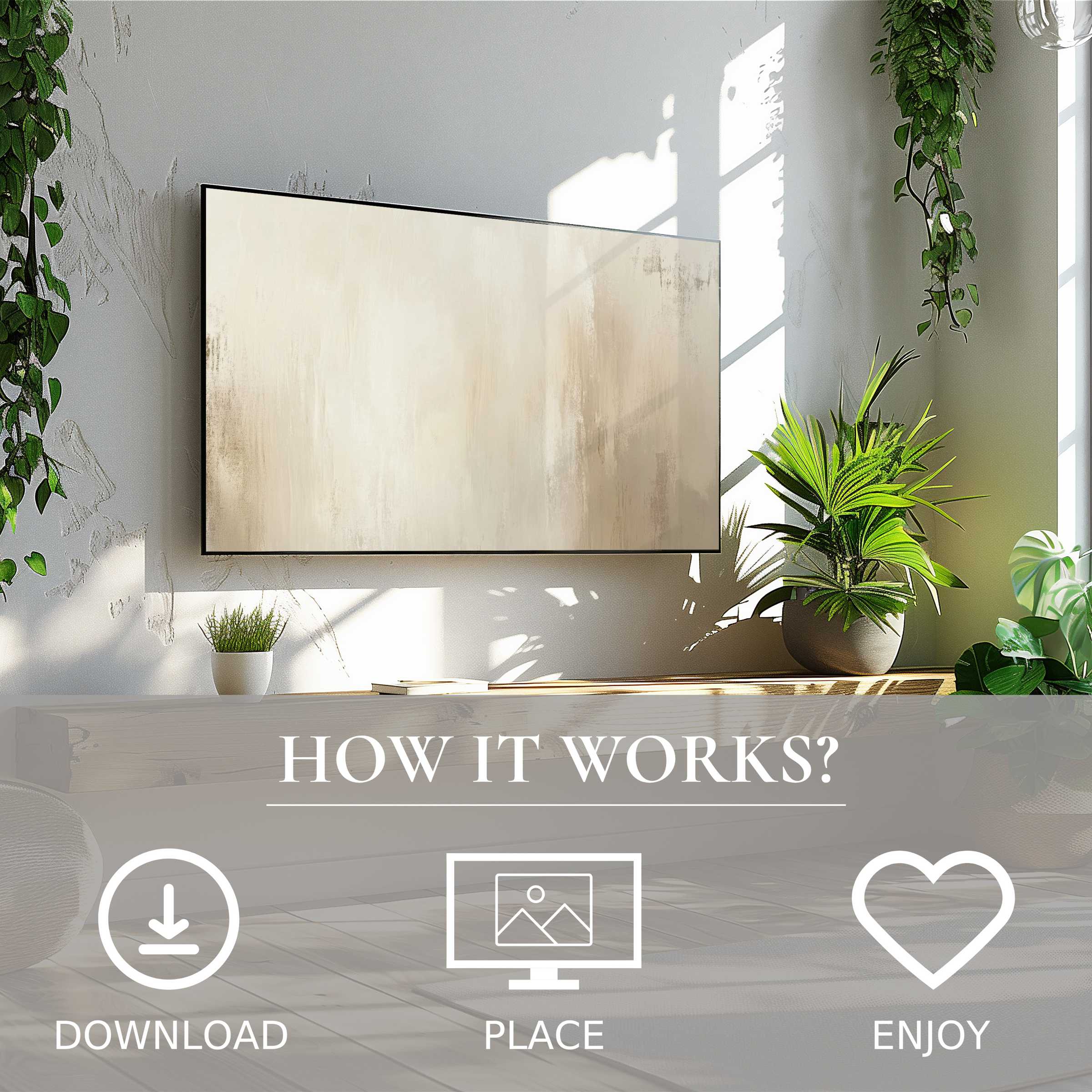 Abstract art for Samsung TV with soft beige tones, easy digital download enriches bright, modern living spaces