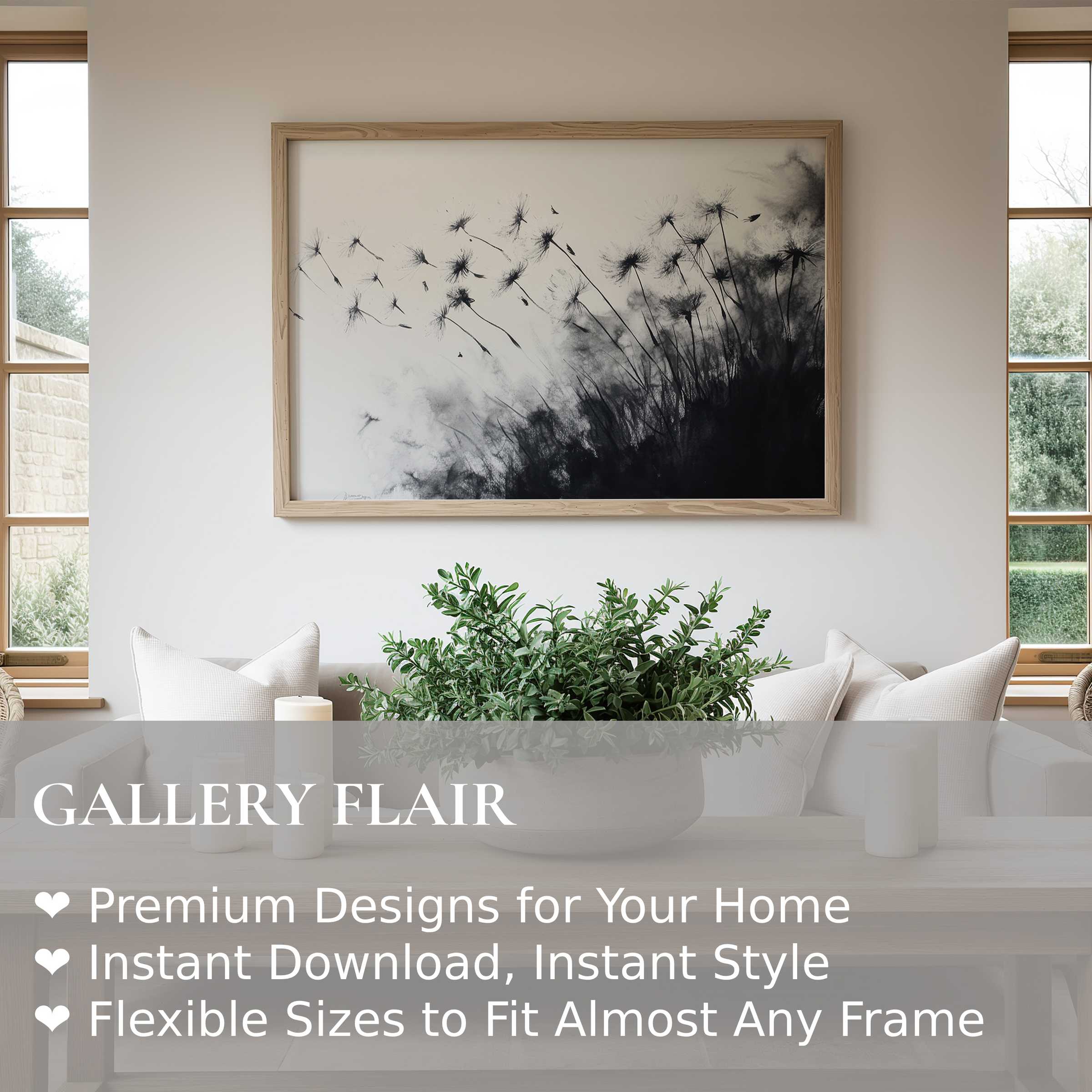 Black and white wall art print capturing delicate dandelions in bold contrast, elevating serene, modern minimalist interiors with timeless elegance