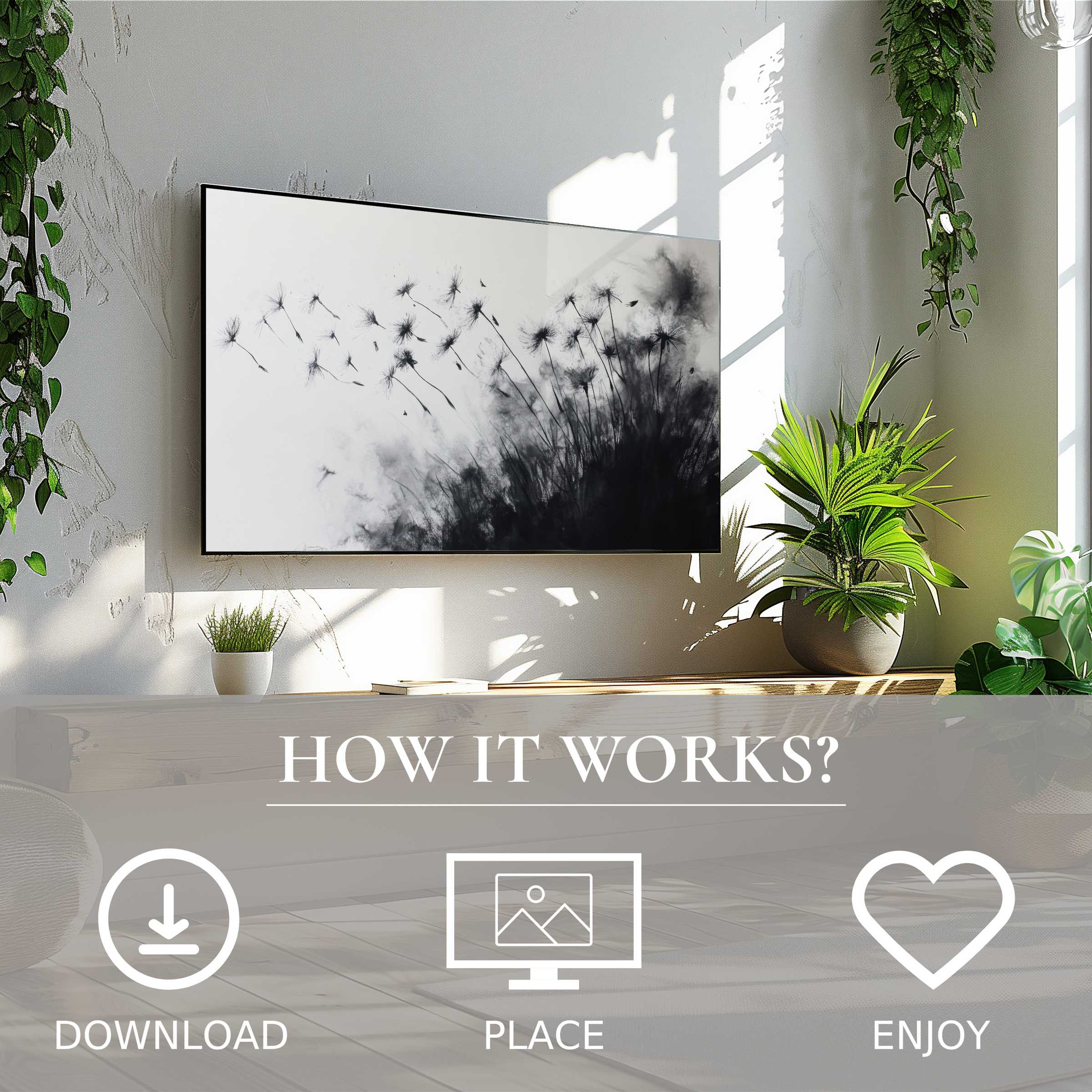 Black and white art for Samsung TV shows airy dandelion seeds; easy digital download enriches modern living spaces