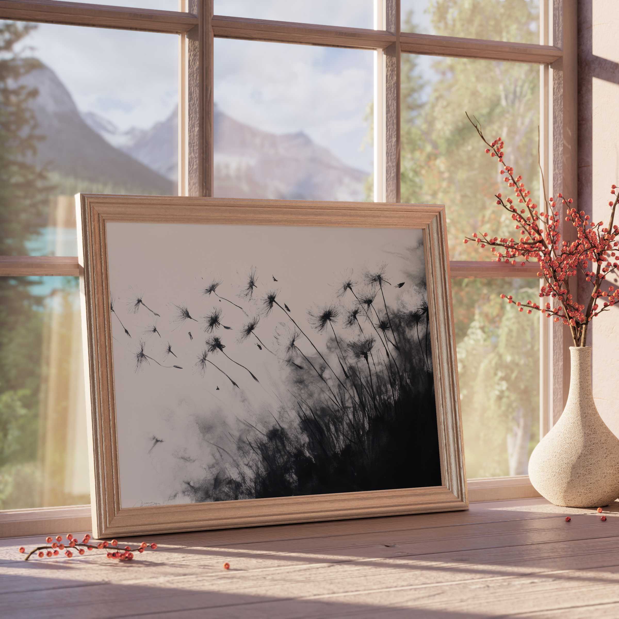 Black and white downloadable art of delicate dandelions in soft motion, elevating serene, curated interiors with timeless elegance