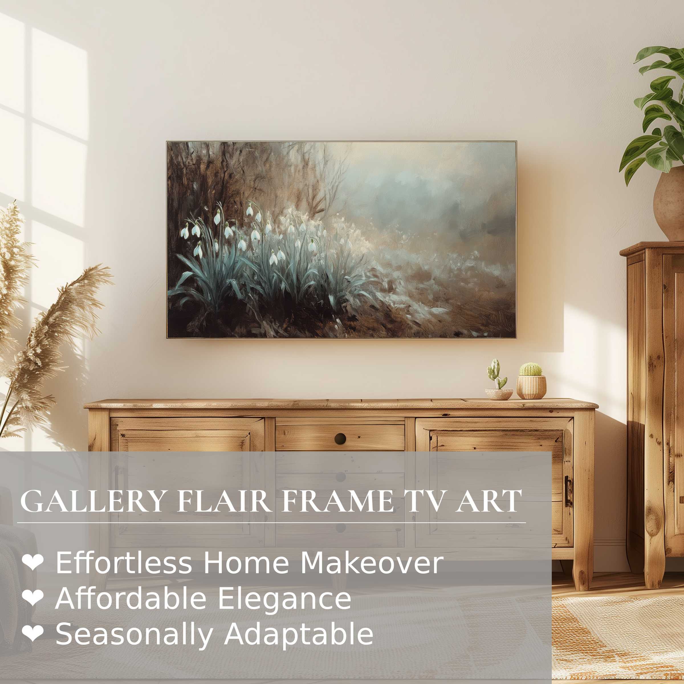 Samsung Frame TV displaying botanical digital artwork, elegant muted tones, ideal for refined modern home decor