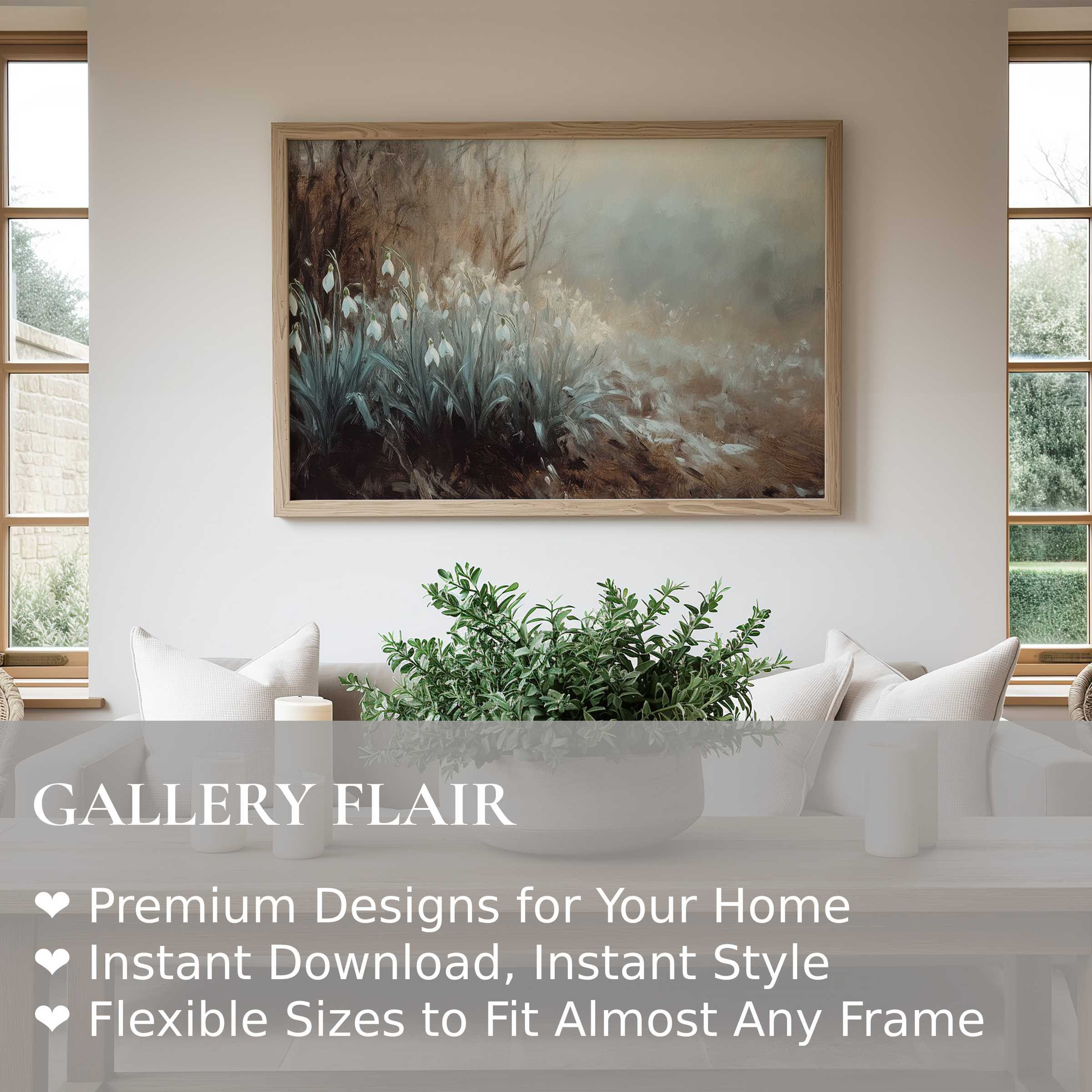 Botanical wall art print featuring soft, radiant snowdrops in a serene misty forest, enhancing modern minimalist interiors with calming elegance