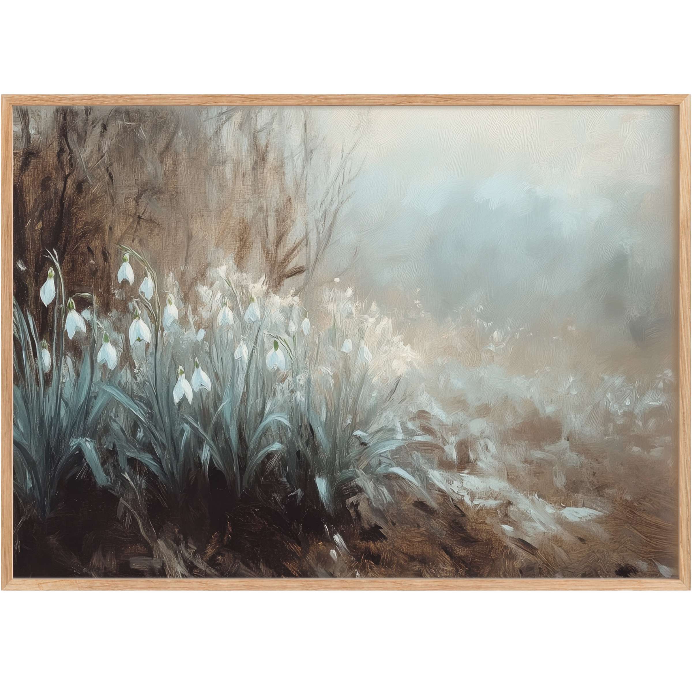 Botanical printable wall art with delicate white blooms and misty blues, evoking a serene, ethereal atmosphere for elegant interiors