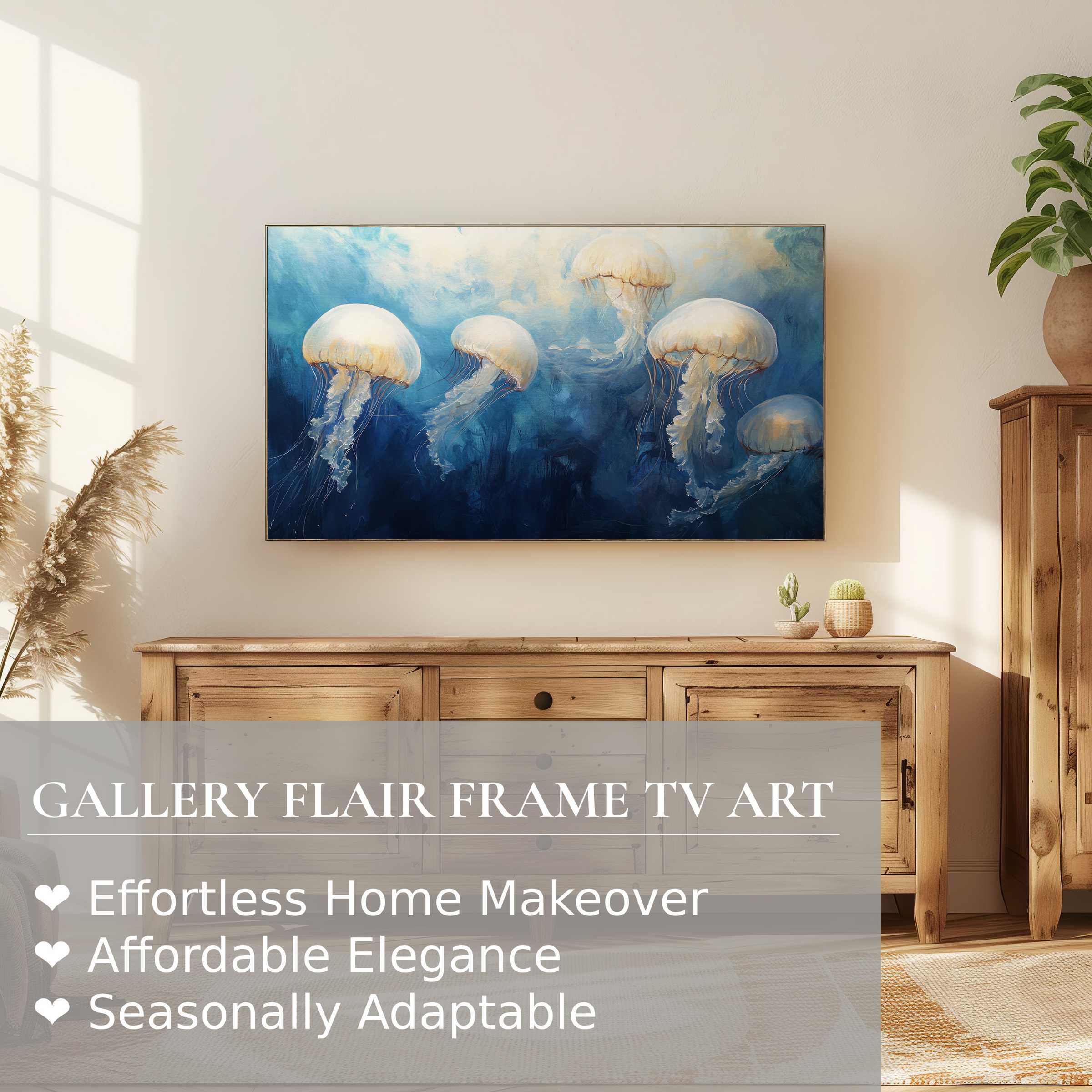 Samsung Frame TV showcasing serene coastal digital artwork of jellyfish in a modern, sunlit living space