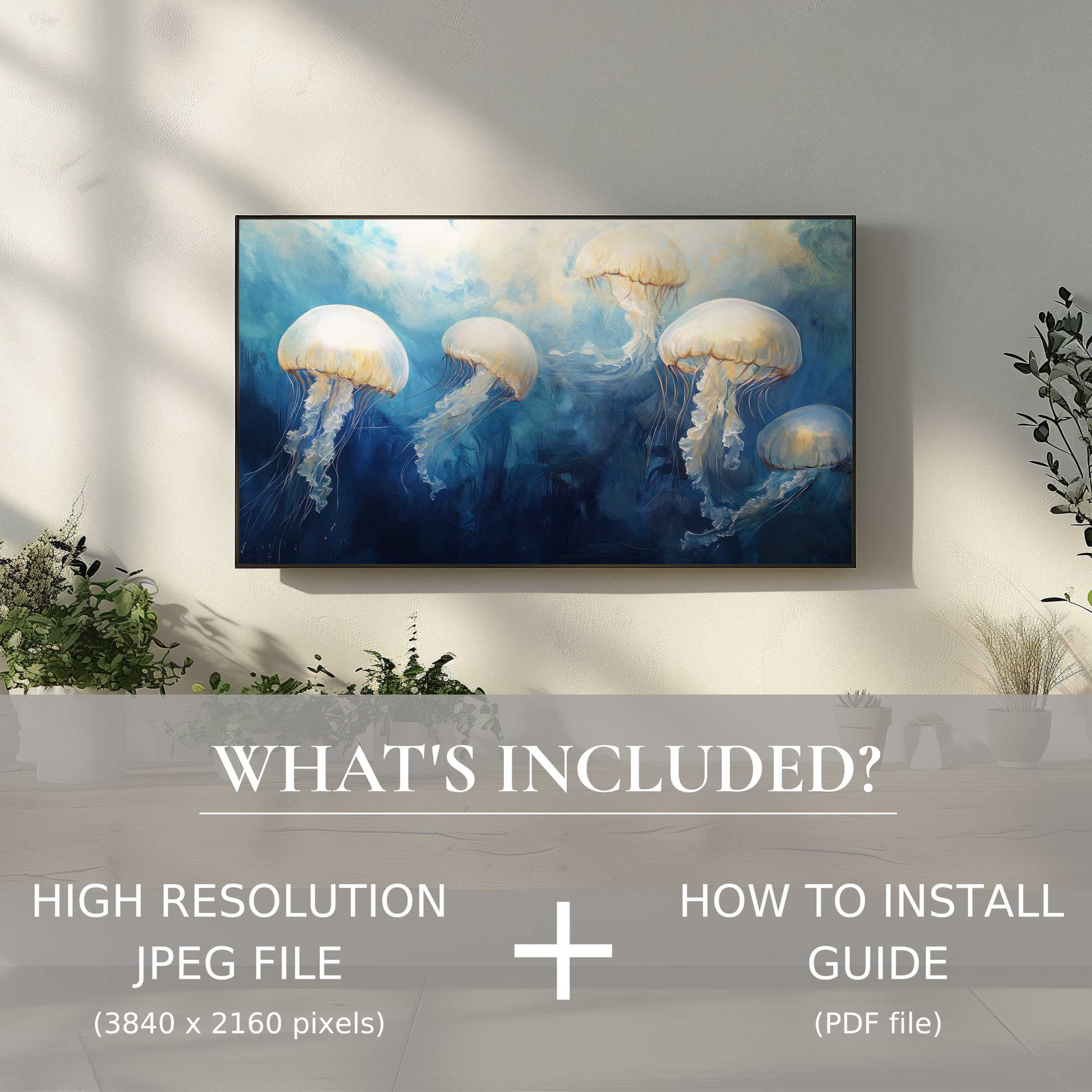 Elegant coastal digital TV art download of jellyfish brightens living room with easy digital use and stylish ambiance