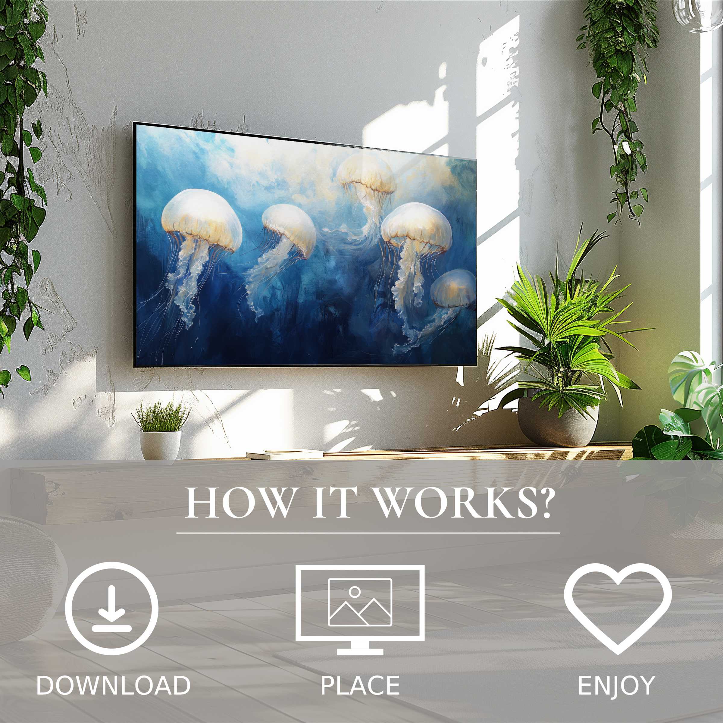 Modern living room with lush plants, showcasing coastal art for Samsung TV - soft, flowing jellyfish motif, easy digital download