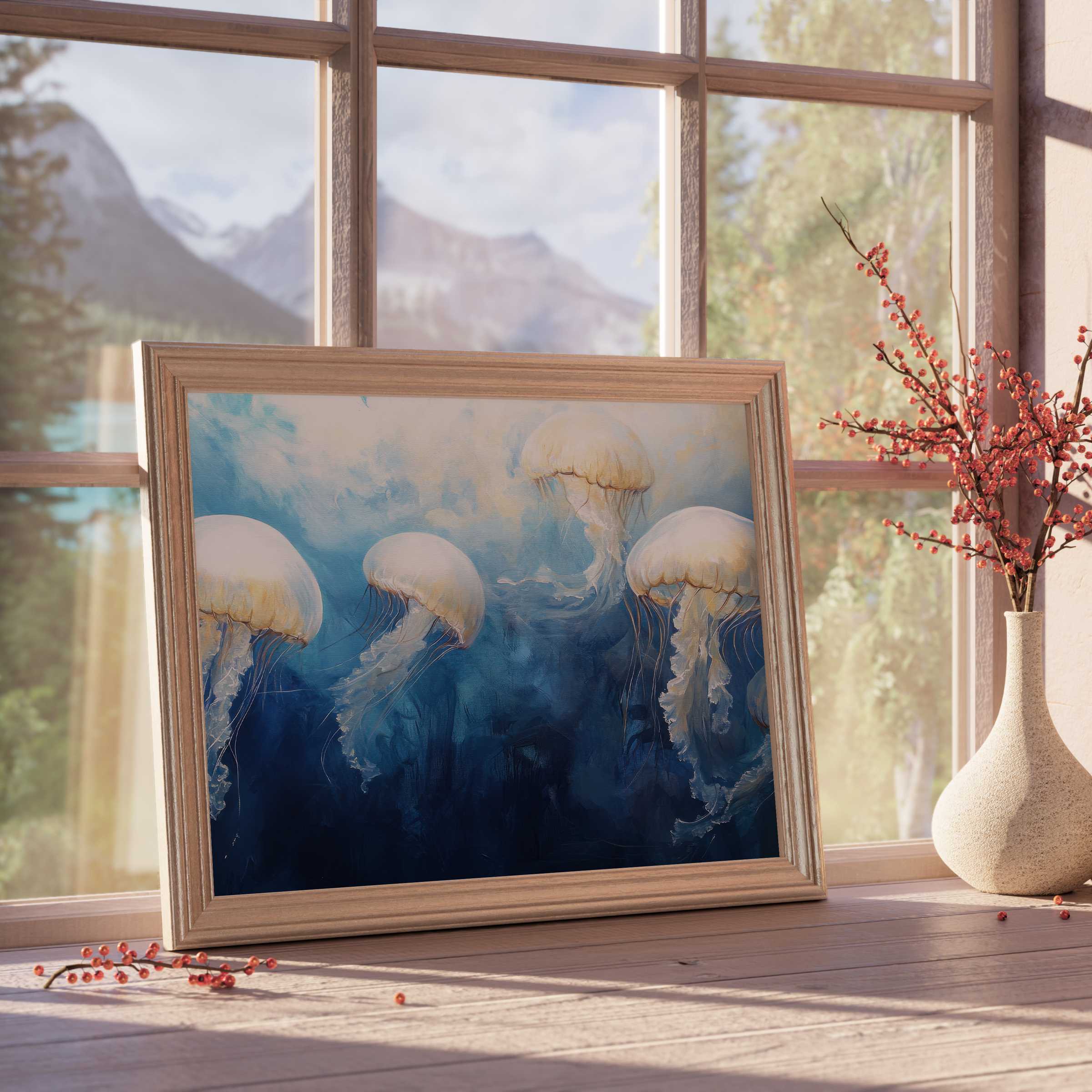 Coastal downloadable art capturing ethereal jellyfish in serene ocean blues, elevating tranquil, design-forward interiors with elegant marine charm