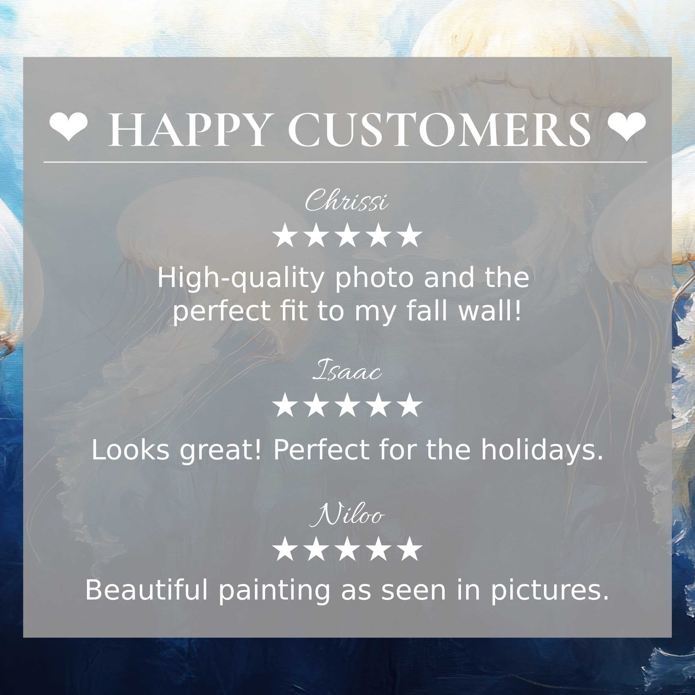 Coastal art for Frame TV with ethereal jellyfish background, showcasing happy customer reviews and refined, elegant style