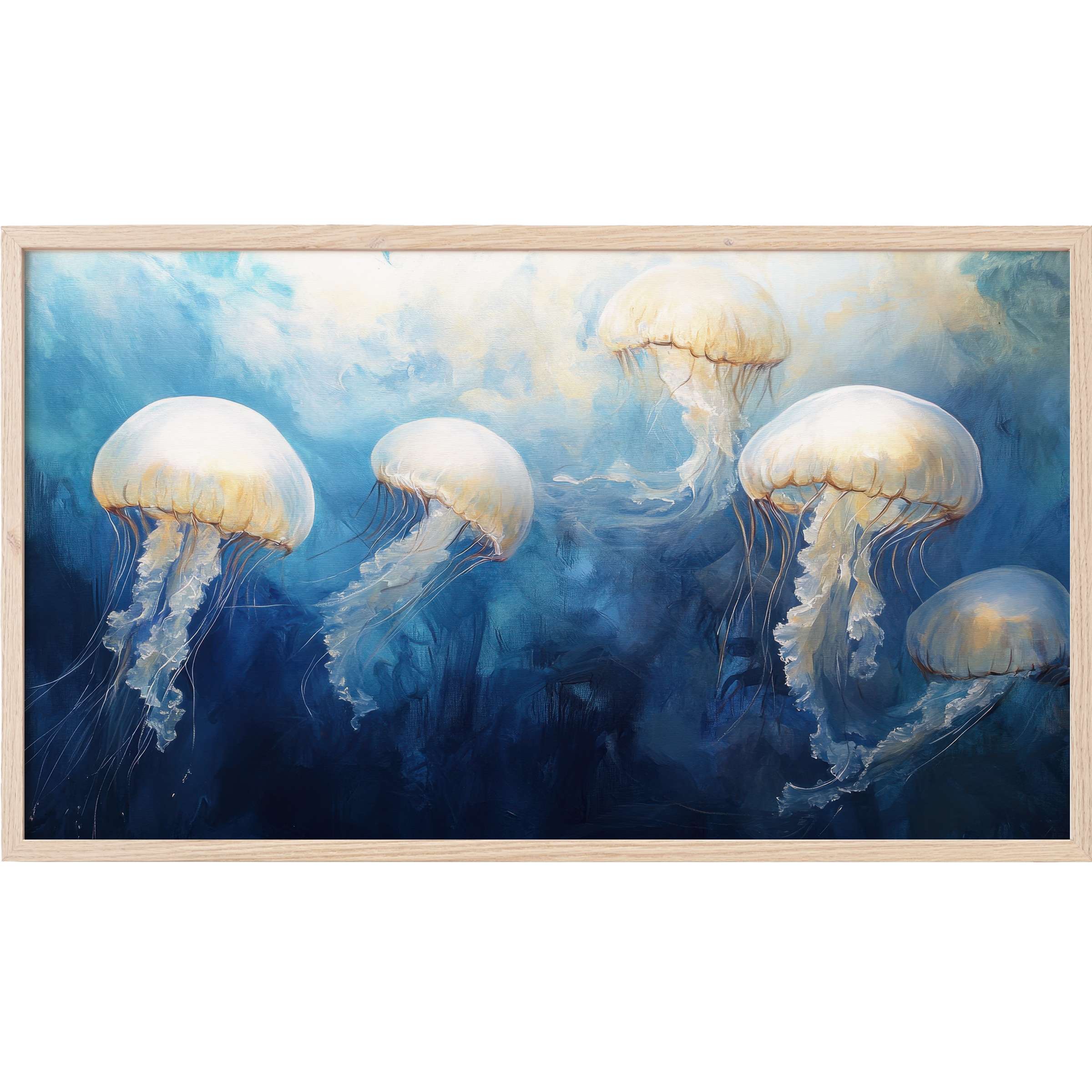 Elegant coastal Frame TV Art featuring luminous jellyfish in soft whites and blues with a serene, modern marine palette