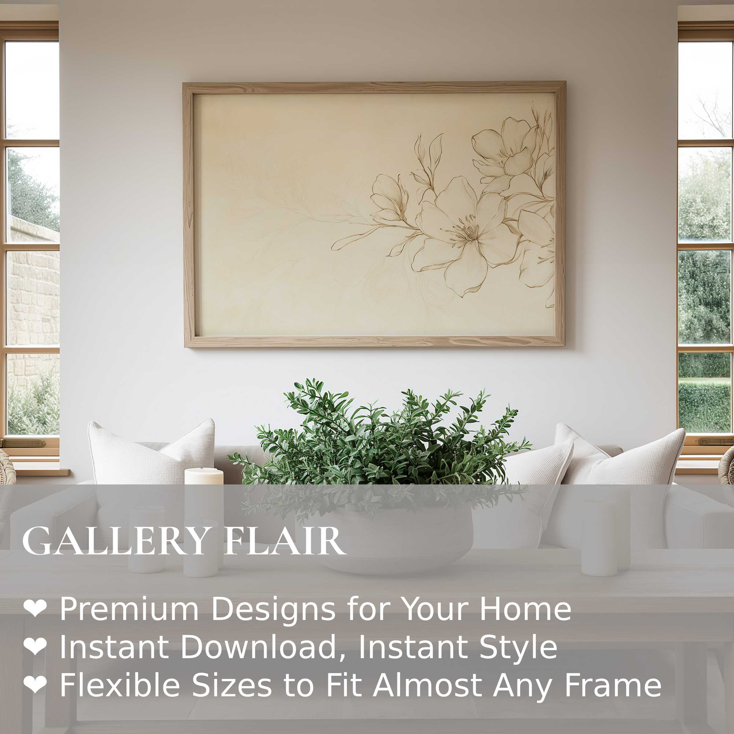 Elegant floral wall art print with soft taupe blossoms enhances serene modern living spaces, adding subtle natural charm and refined sophistication