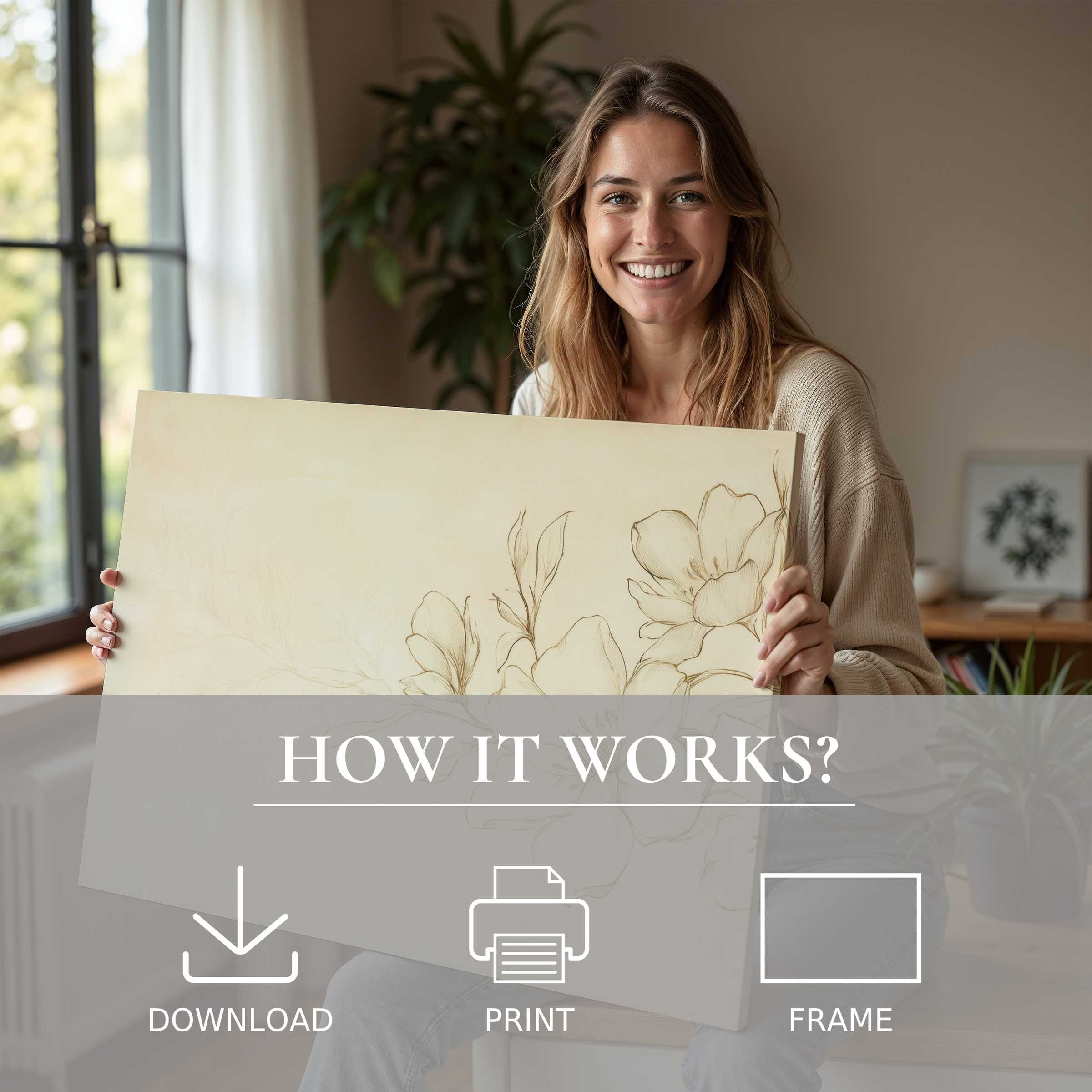 Radiant woman in a serene home setting, embracing a delicate floral digital art print that brings effortless joy and timeless elegance