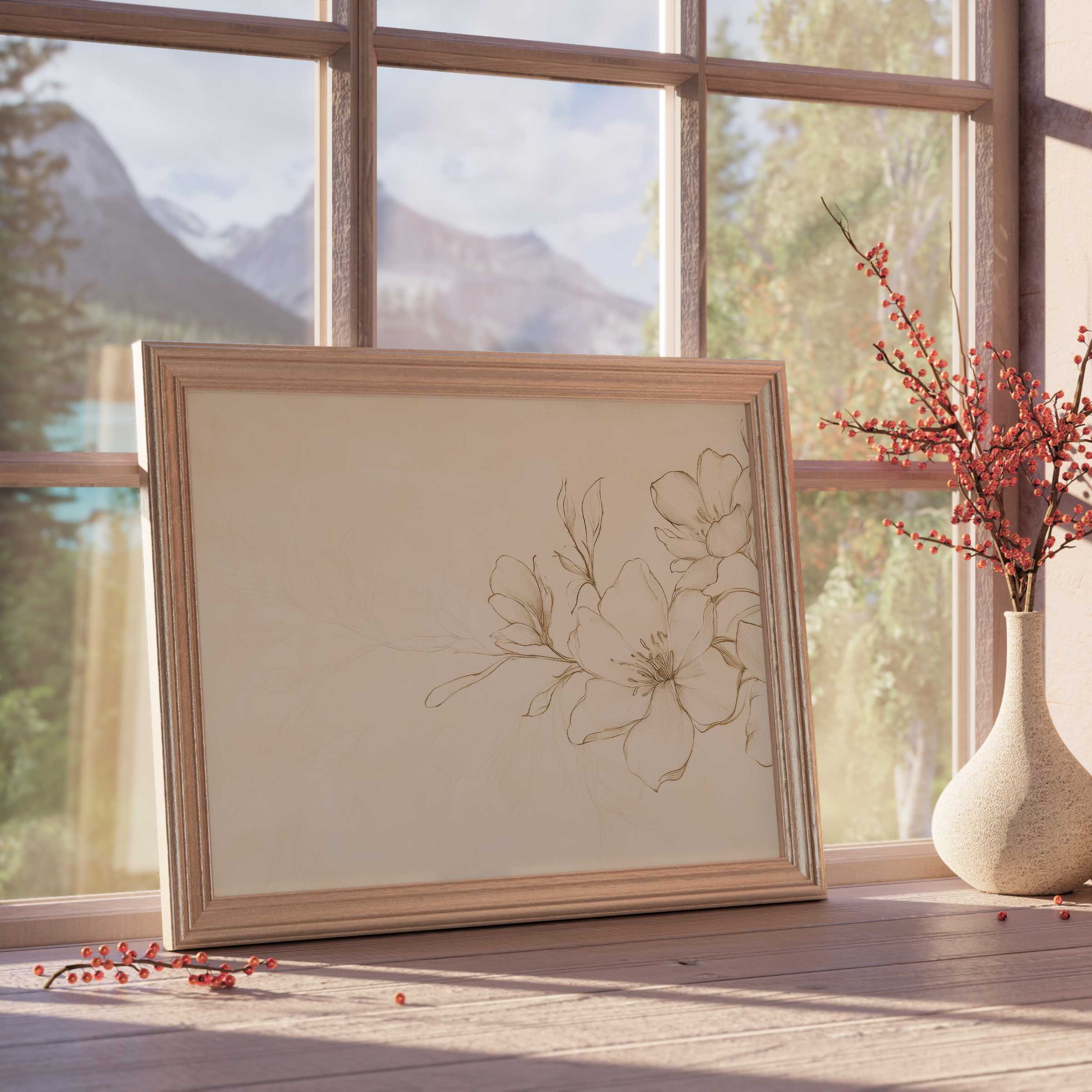 Elegant floral downloadable art in soft sepia tones, enriching serene, design-forward interiors with timeless botanical grace