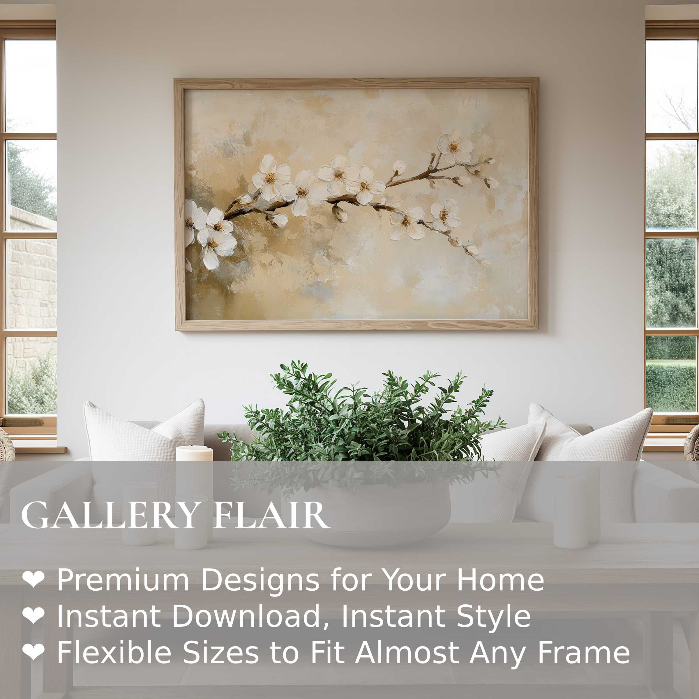 Elegant spring wall art print featuring soft white blossoms on a neutral background, enriching modern minimalist interiors with serene, natural charm