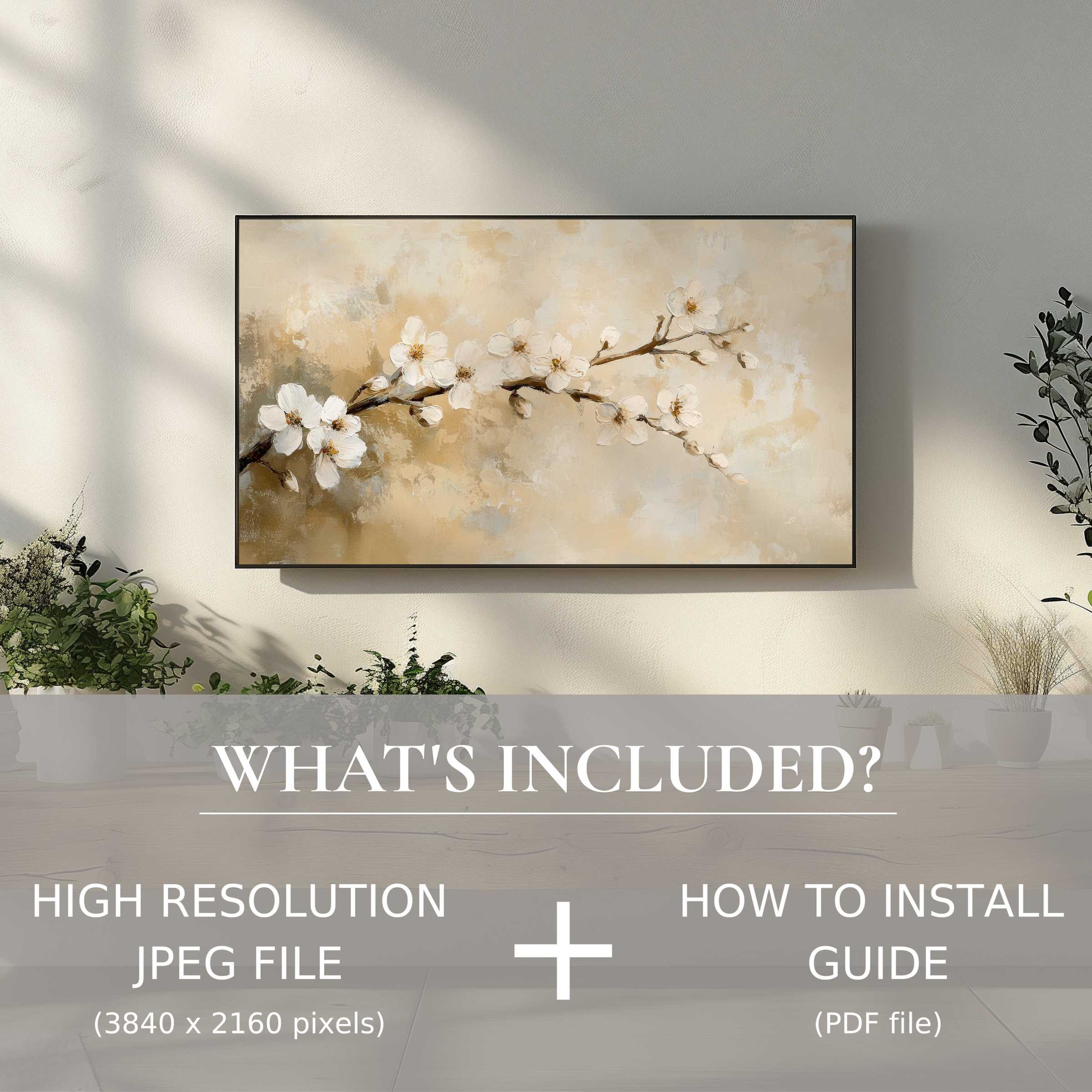 Elegant spring digital TV art download of floral branch elevates living space with easy digital use and refined modern decor