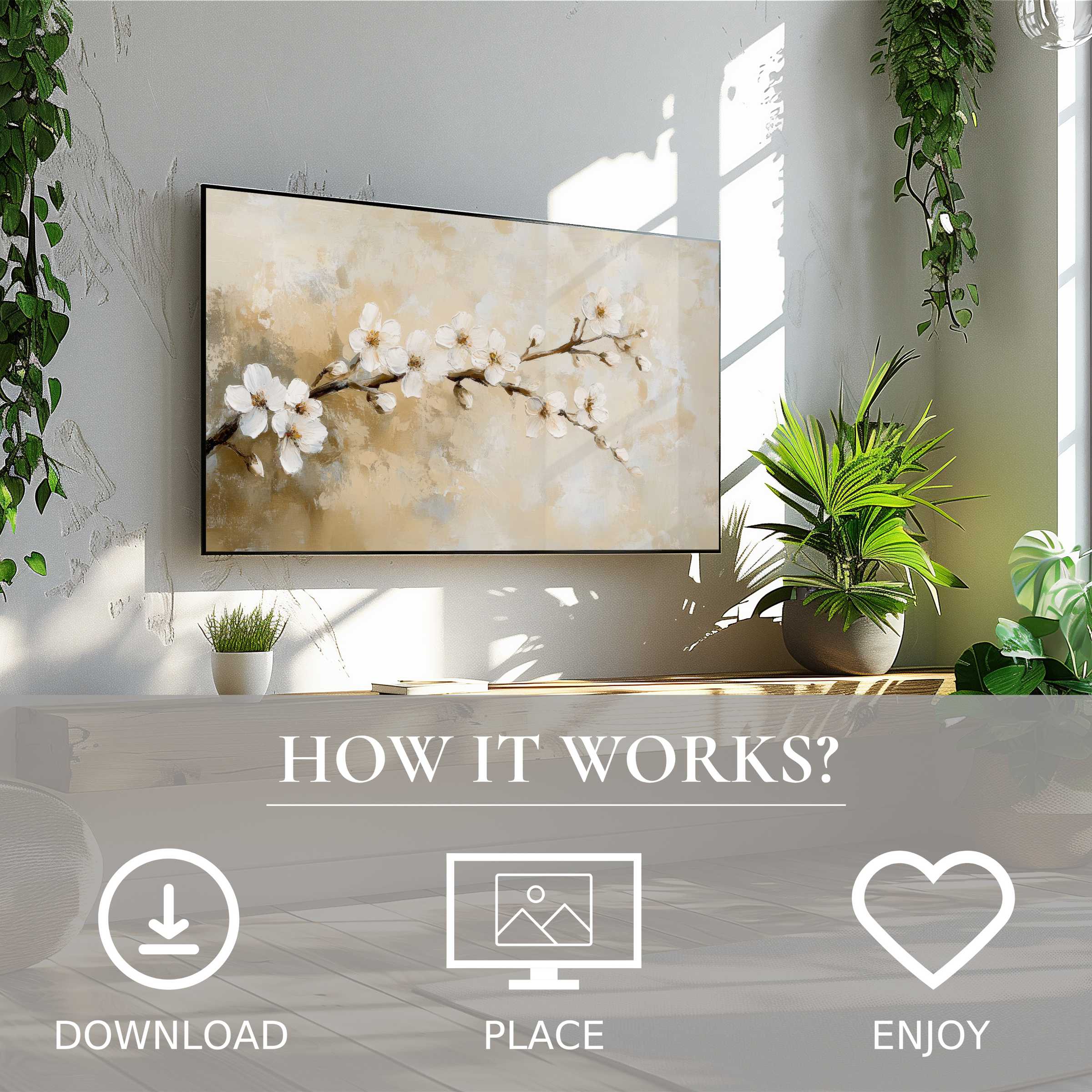 Spring art for Samsung TV with soft beige floral motif, easy digital download enriching modern living spaces