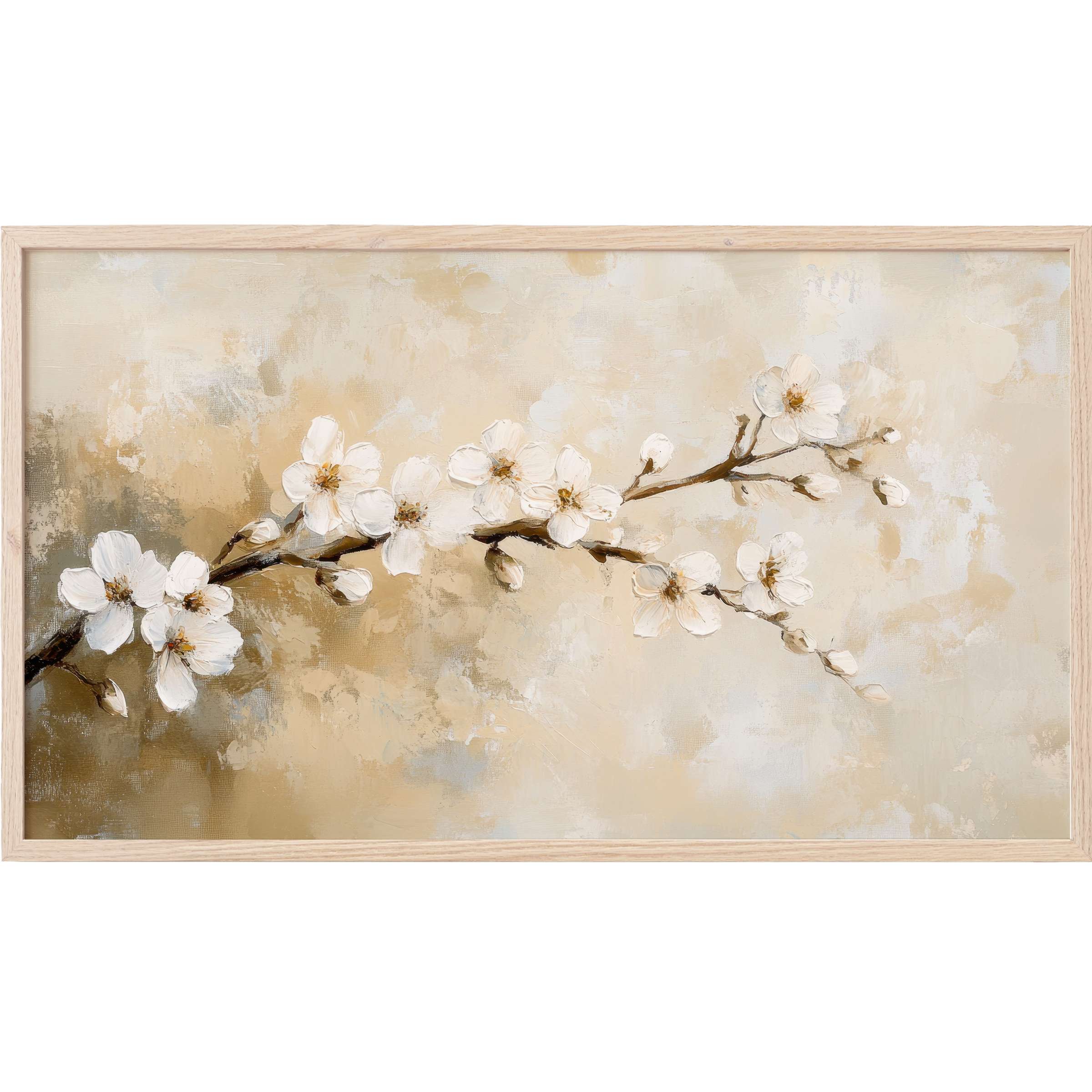 Elegant spring Frame TV Art with soft white blossoms on a beige textured background, modern and serene design