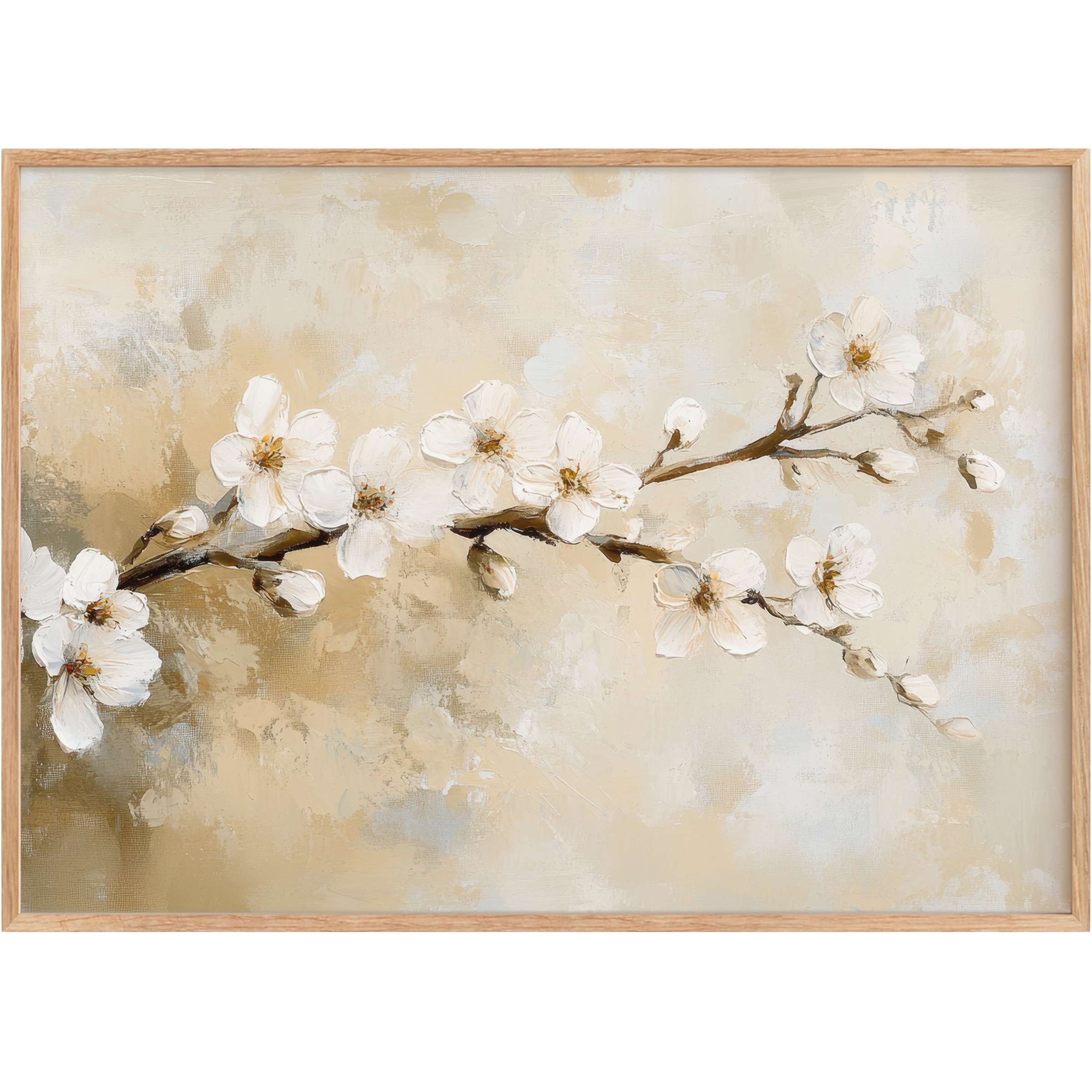 Elegant spring printable wall art capturing delicate white blossoms on soft beige, evoking serene and radiant moods