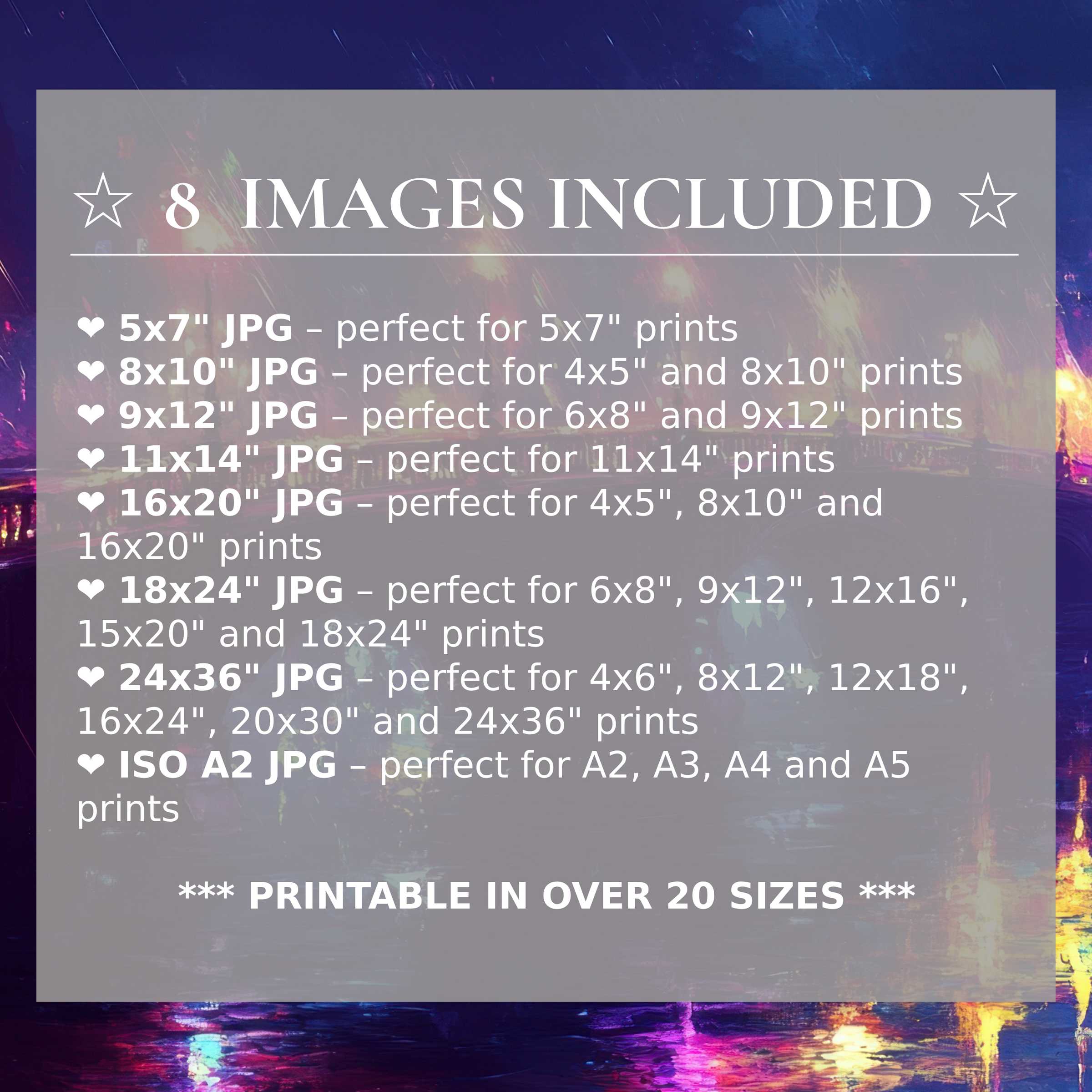 Urban digital print imbues modern interiors with radiant blues, purples, and golds, delivered in 8 high-quality sizes included