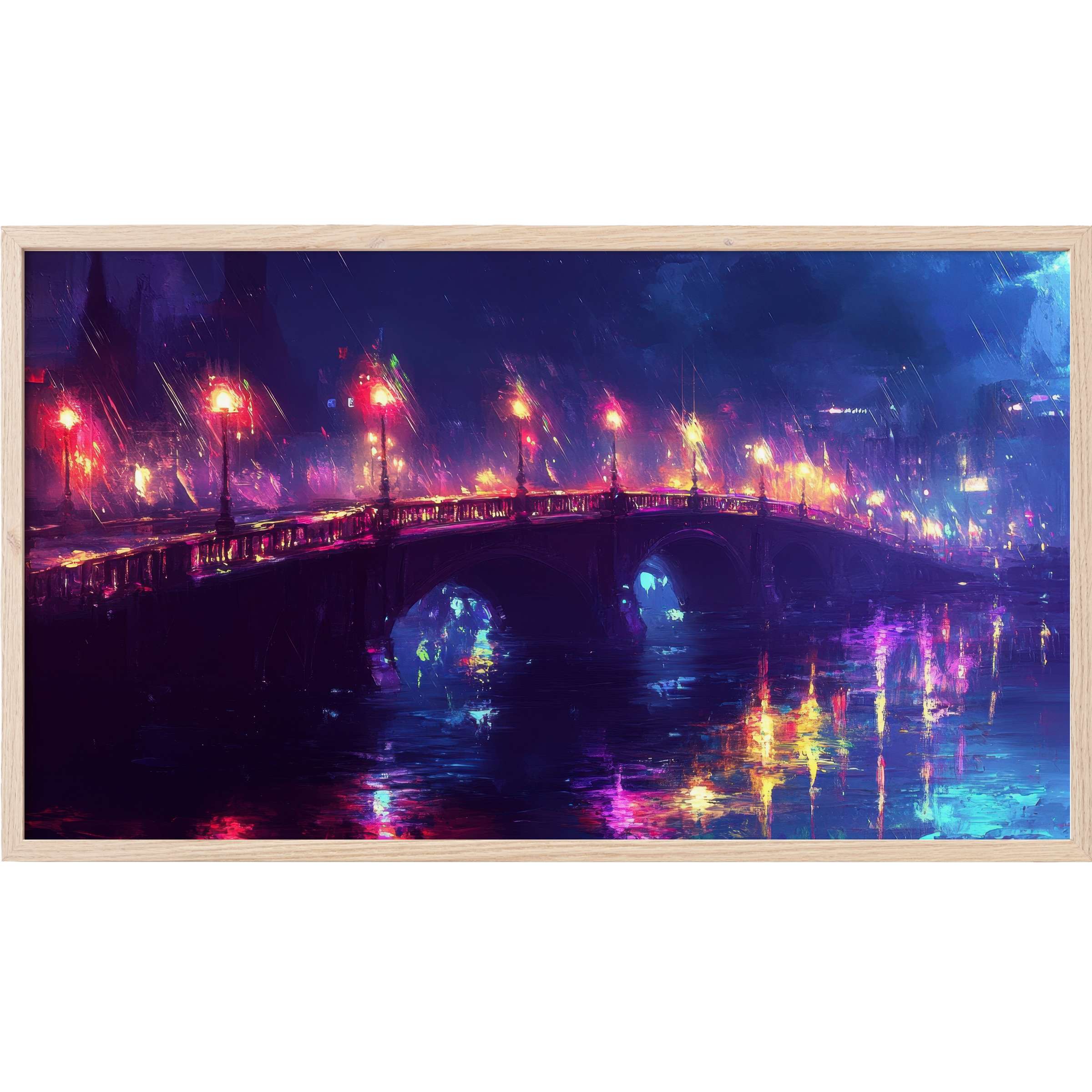 Urban Frame TV Art depicting a luminous bridge at night with vibrant neon reflections in deep blues and purples
